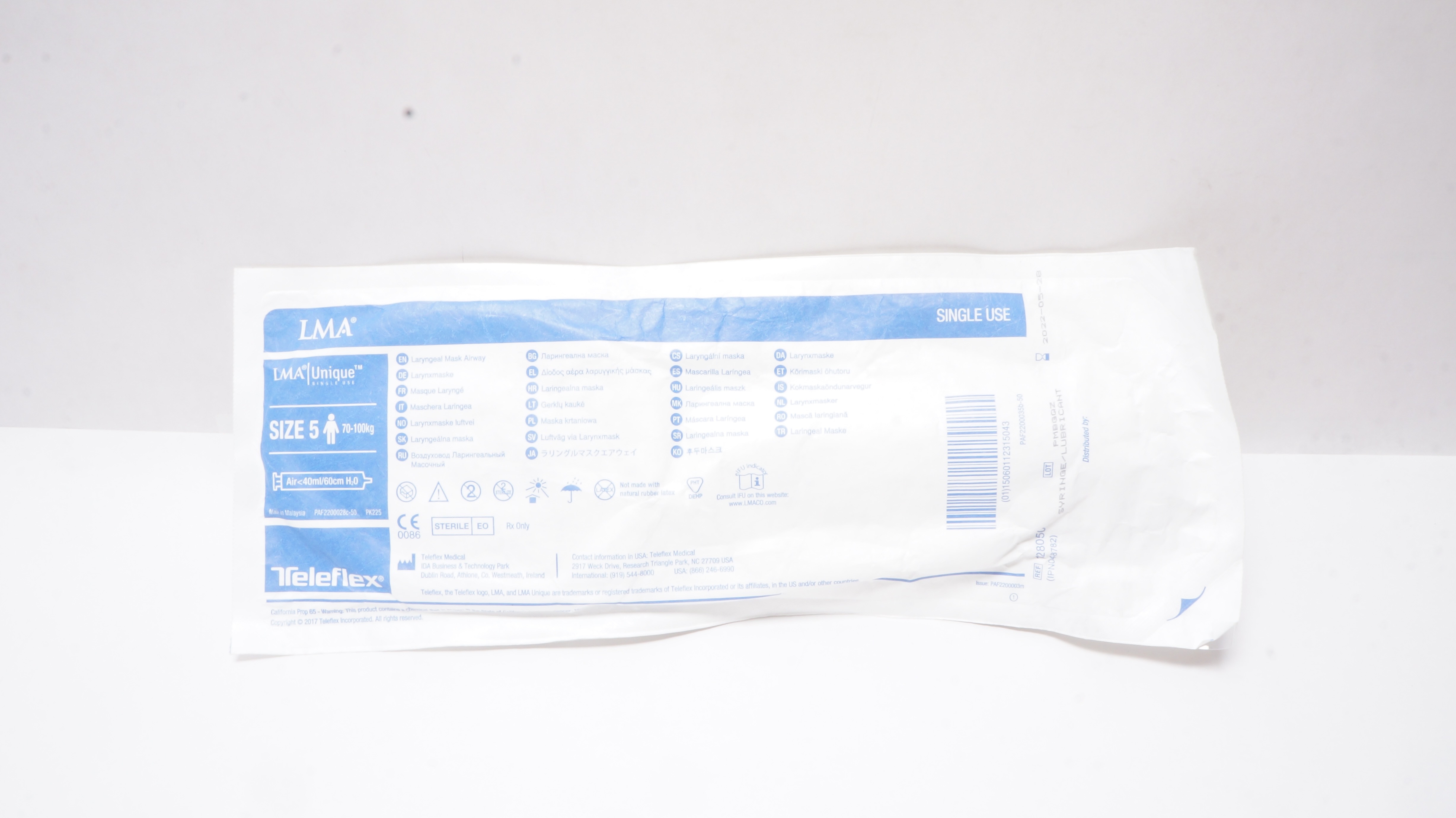 Teleflex 128050 Unique Laryngeal Mask Airway Size 5 70-100kg <40ml/60cm H2O (x)