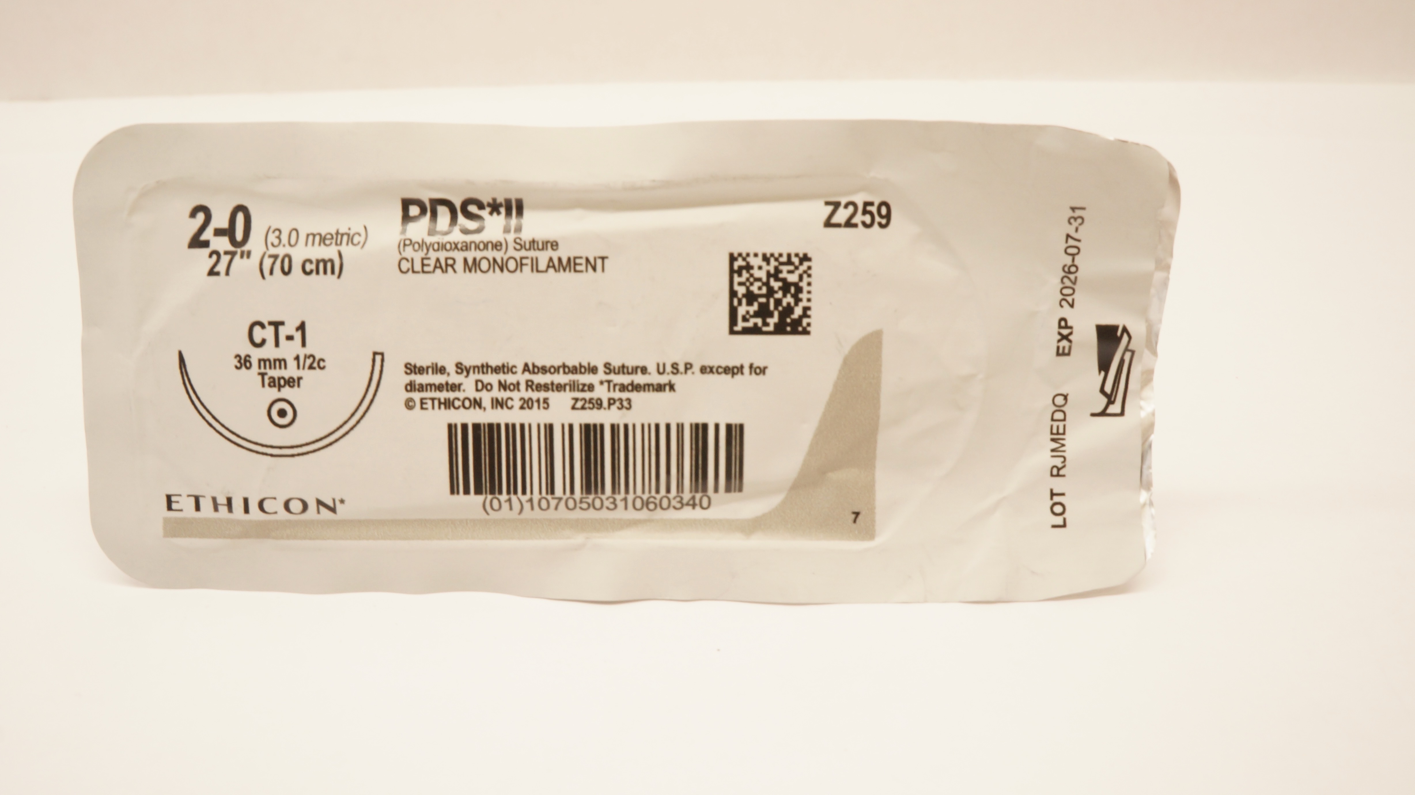 Ethicon Z259 2-0 PDS II Clear Monofilament, CT-1, 36mm 1/2c Taper, 27inch