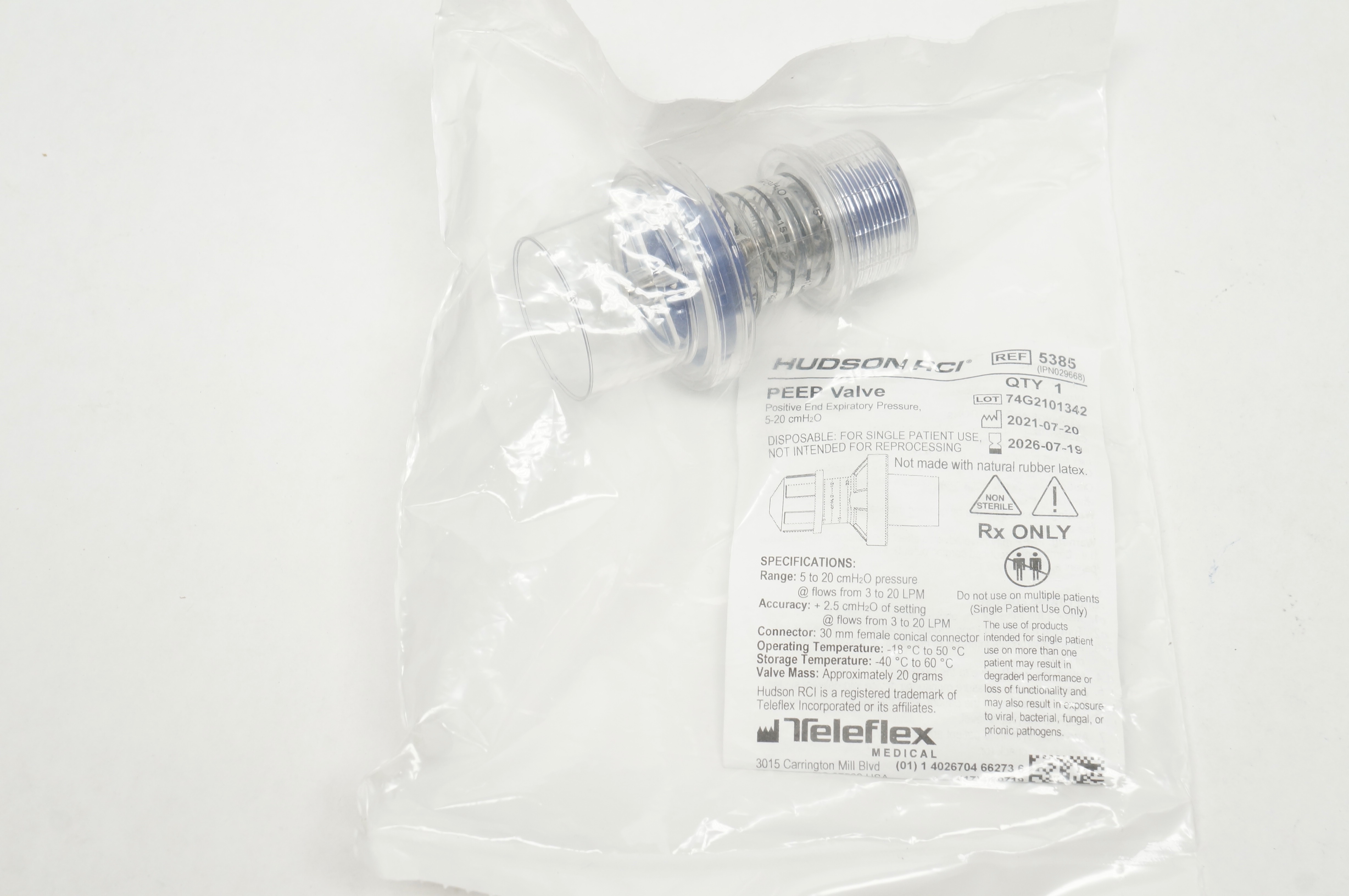 Teleflex 5385 Hudson RCI Peep Valve Positive End Expiratory Pressure 5-20cm H₂O