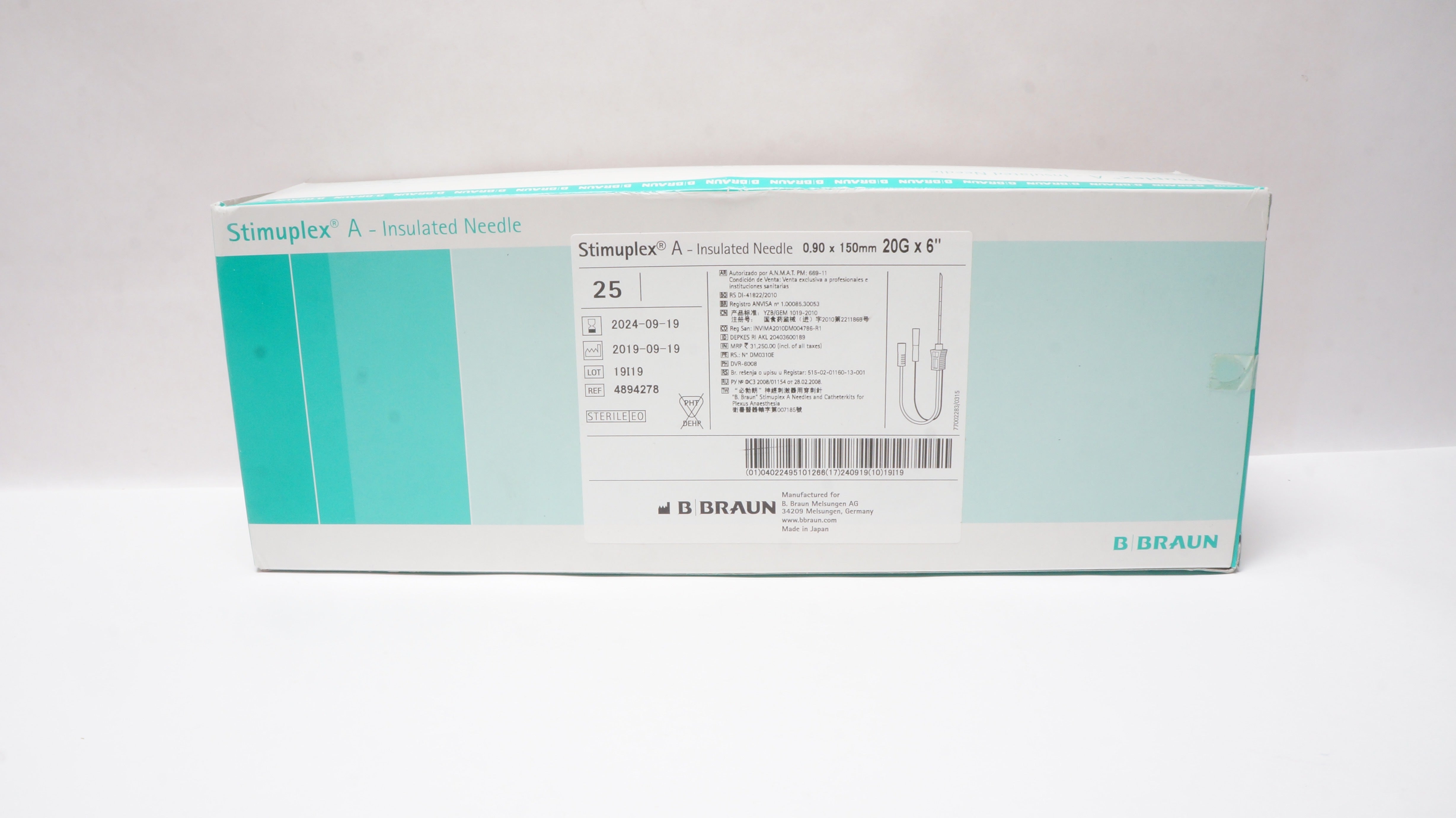 B.Braun 4894278 Stimuplex A Insulated Ndle. 20G x 6inch - Box of 25