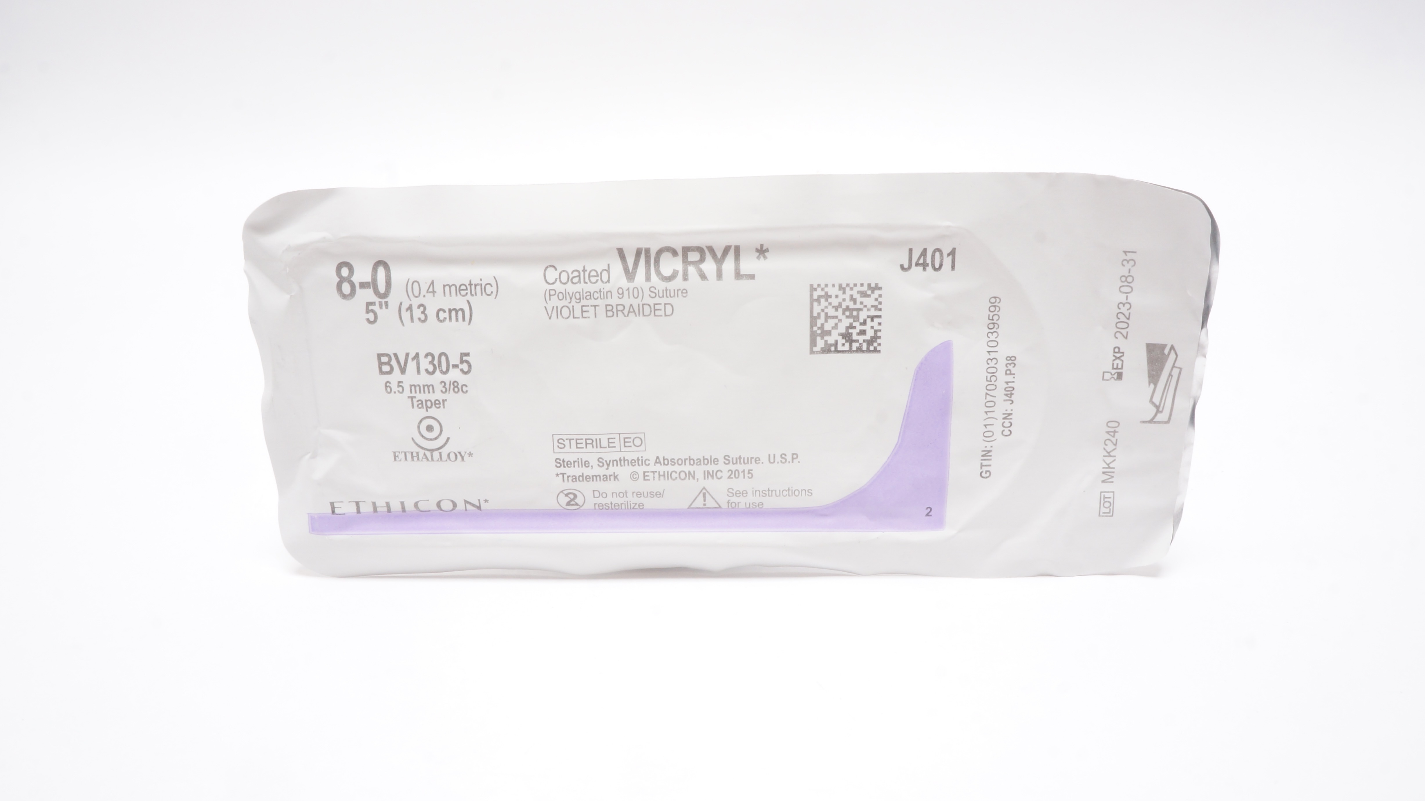 Ethicon J401 VICRYL 8-0 Violet Braided, BV130-5, 6.5mm 3/8c Taper, 5inch
