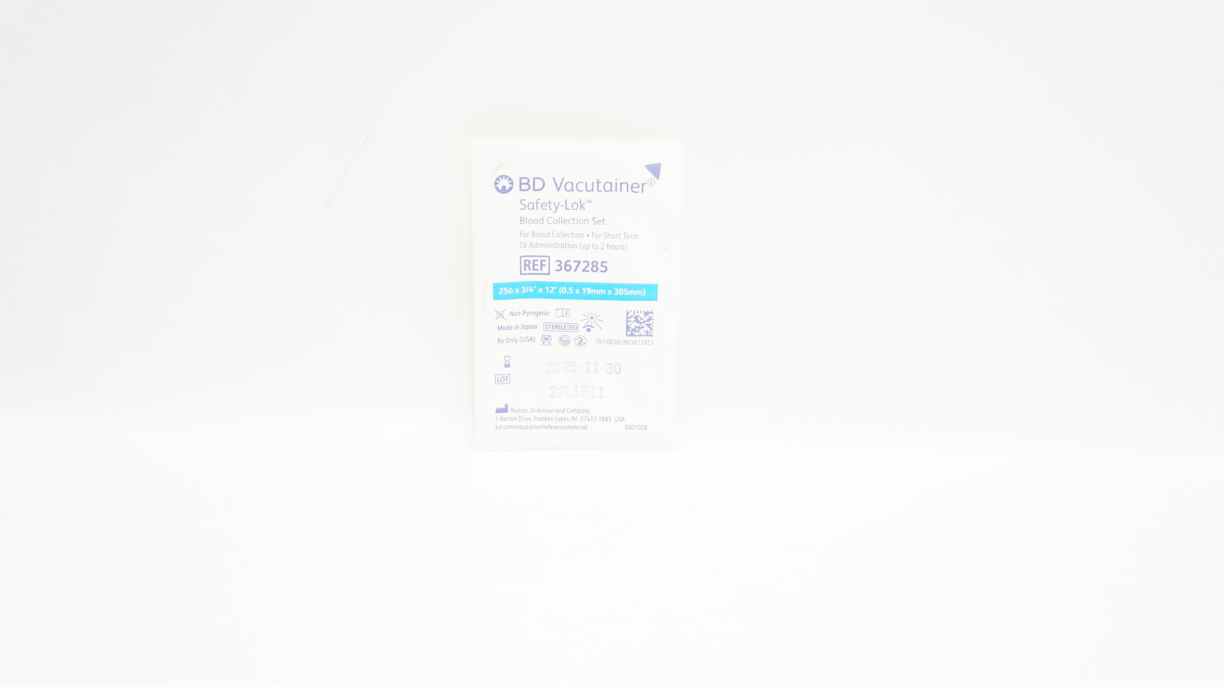 BD 367285 Vacutainer Safety-Lok Blood Collection Set 25G x 3/4 x 12inch