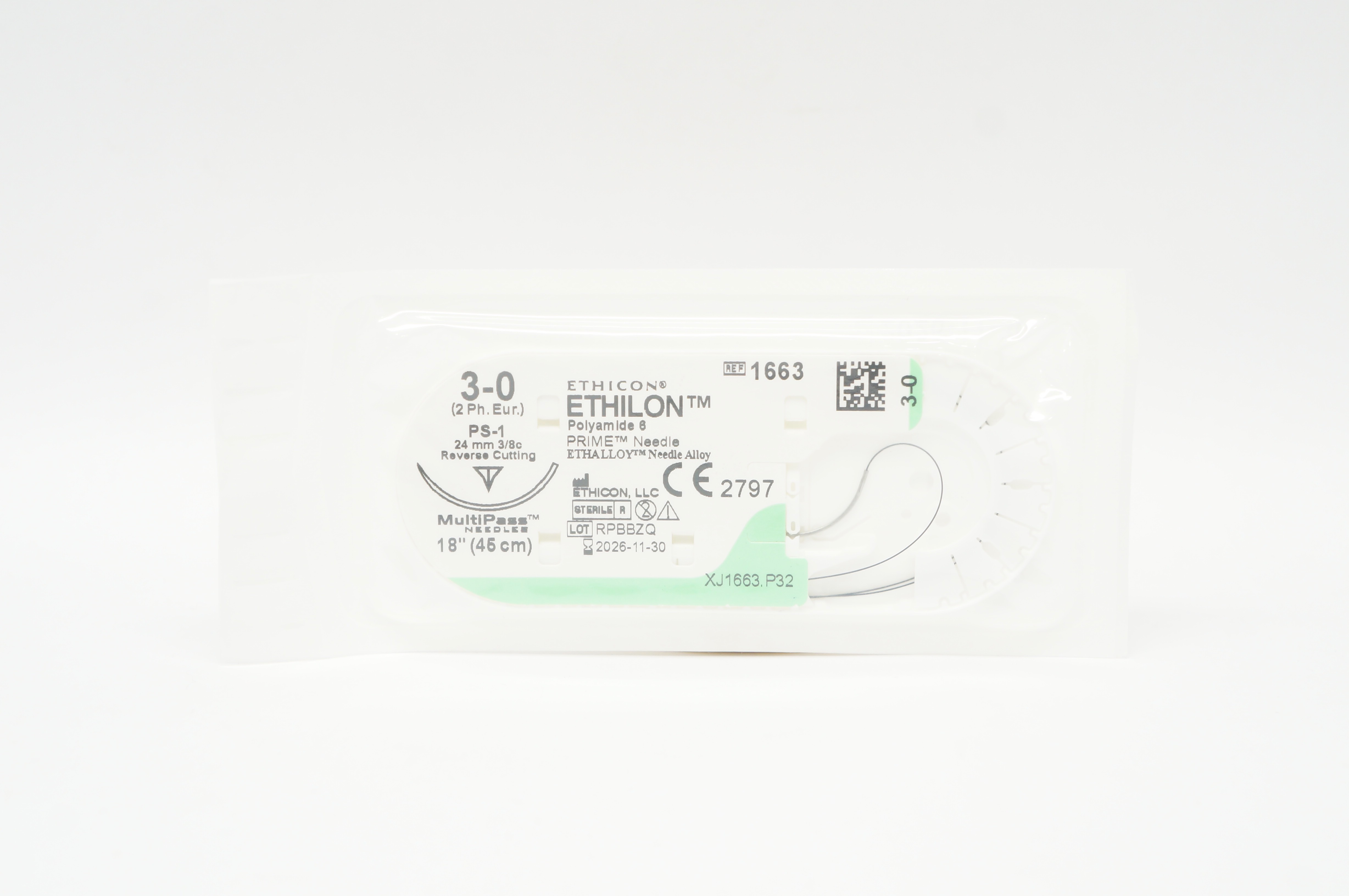 Ethicon 1663 3-0 ETHILON Polyamide 6 Stre PS-1 24mm 3/8c Reverse Cutting, 18inch
