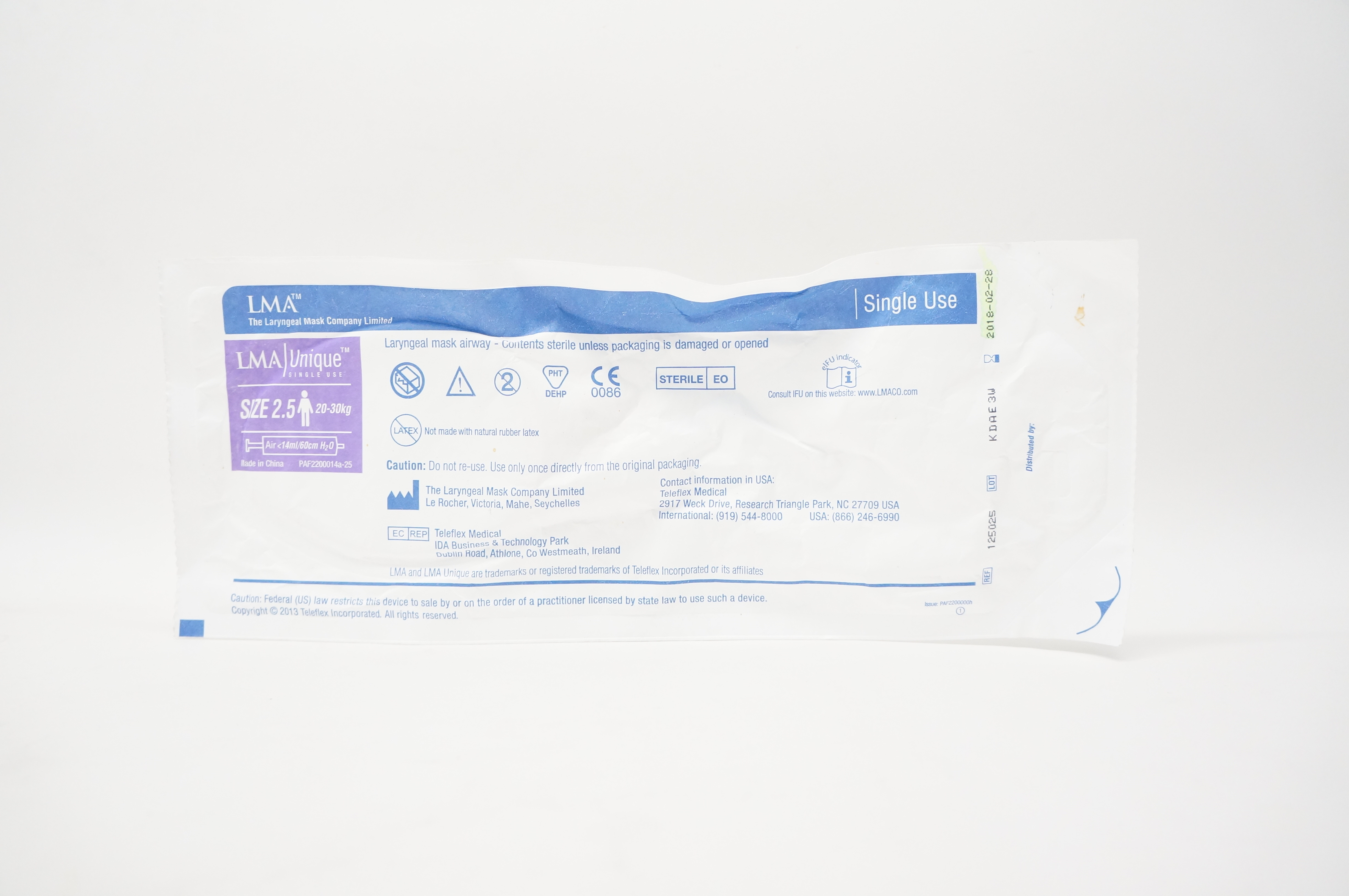 Teleflex 125025 LMA Unique Laryngeal Mask Airway Size 2.5 20-30kg (x)