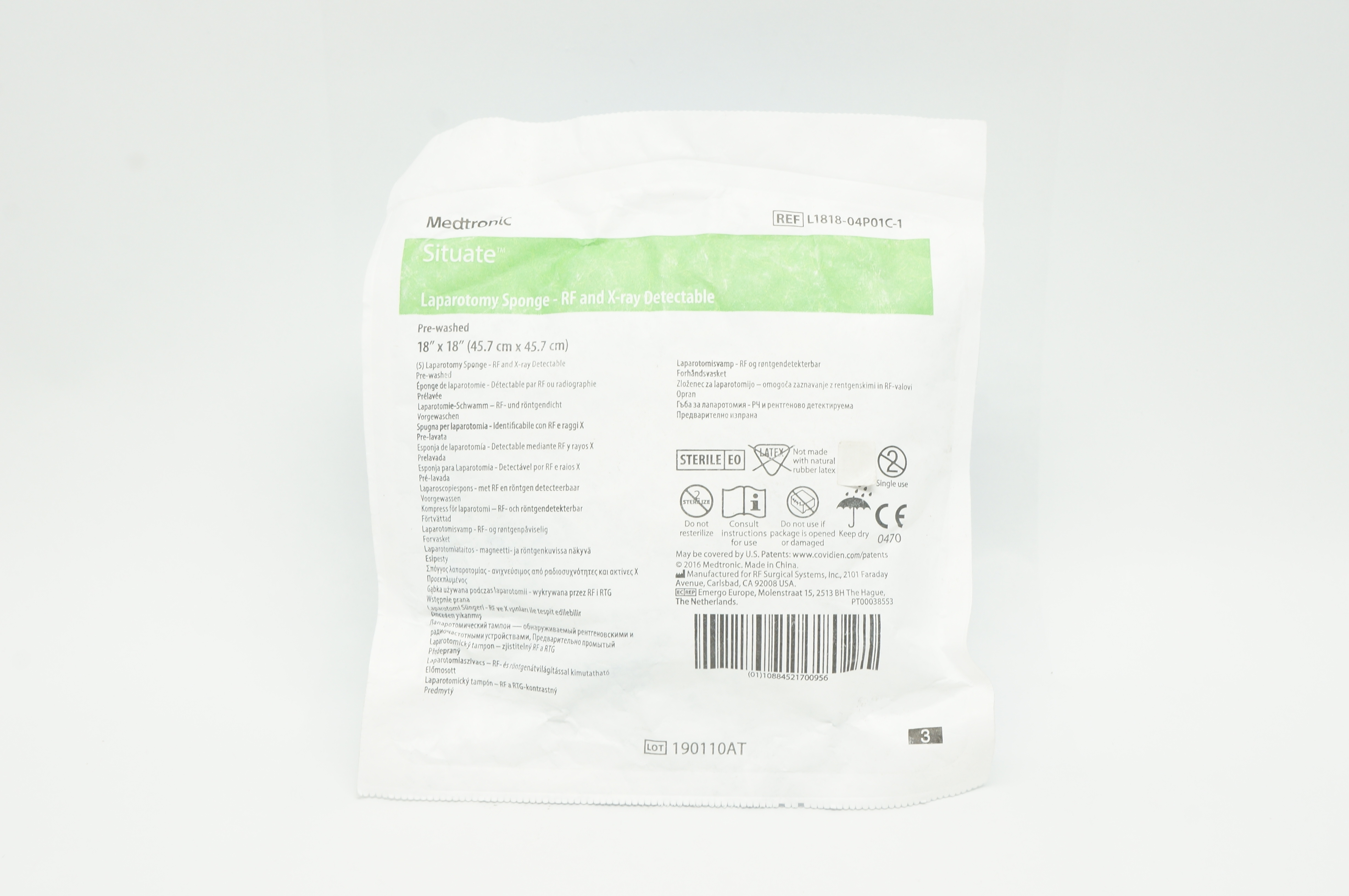 Medtronic L1818-04P01C-1 Situate Laparotomy Sponge-RF&X-Ray Detectable 18inx18in