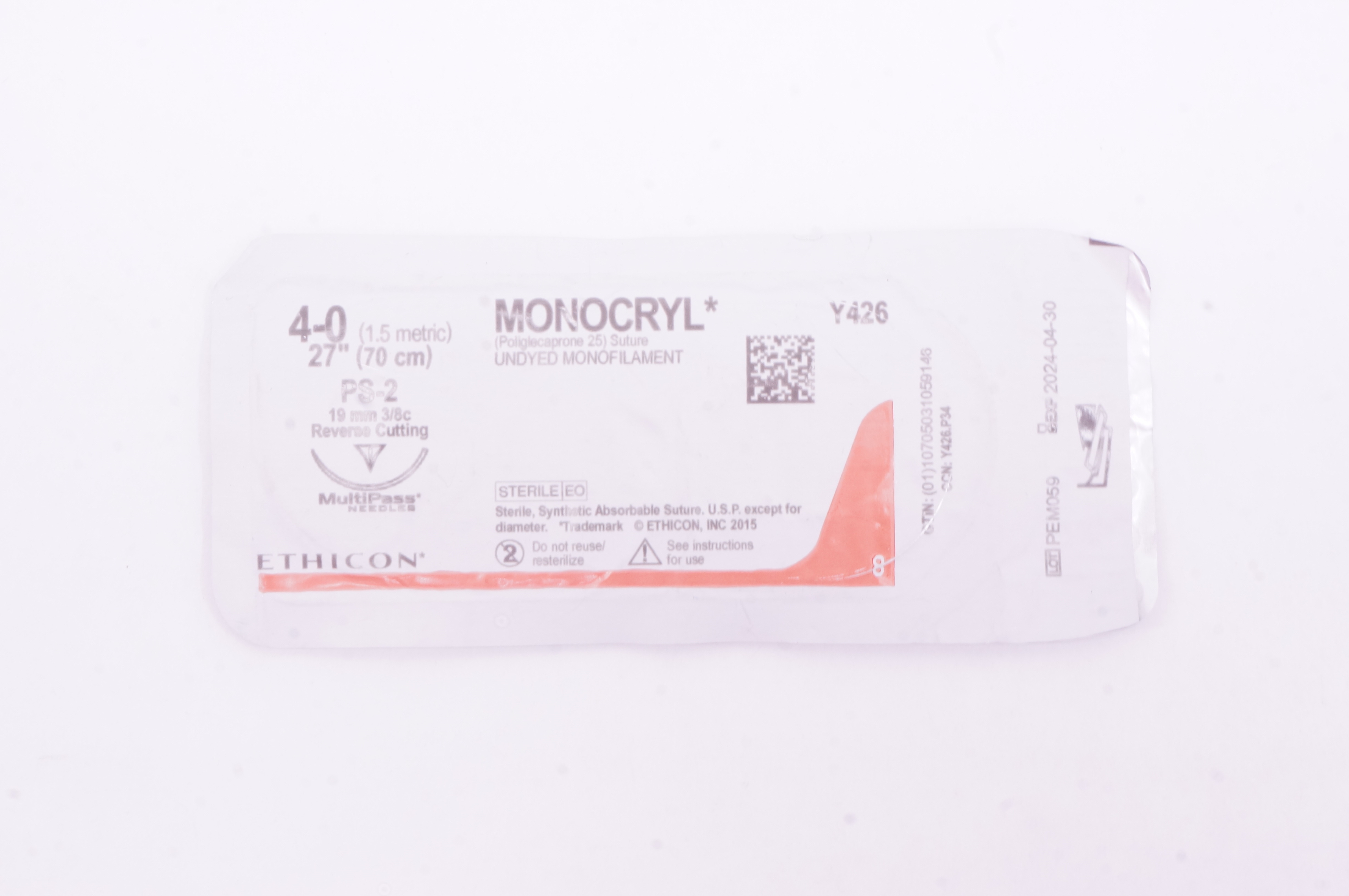 Ethicon Y426 4-0 Monocryl Synthetic Stre PS-2 19mm 3/8c Reverse Cutting, 27 inch