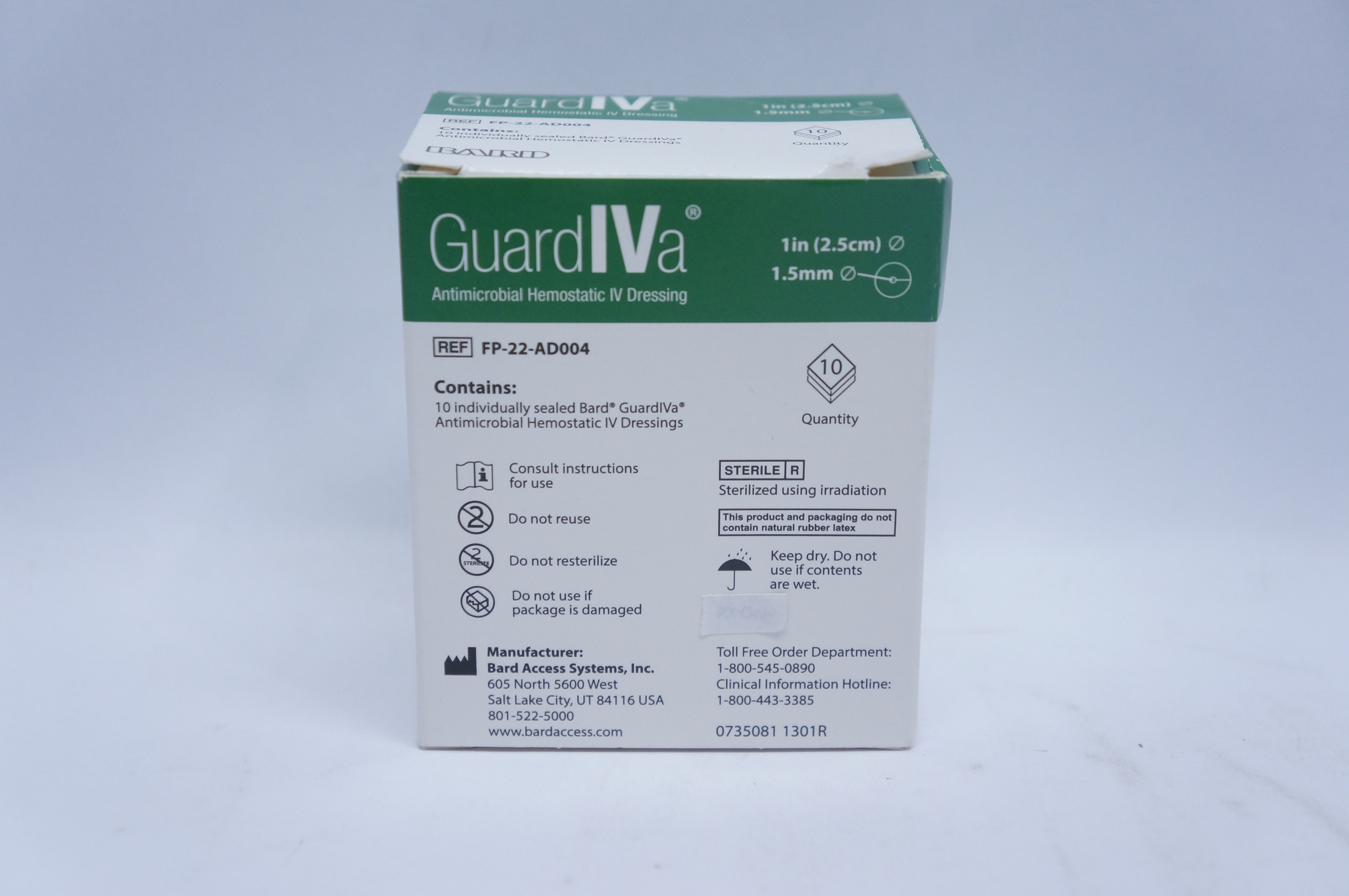 Bard FP-22-AD004 Antimicrobial Hemostatic IV Dressing 1in x 1.5mm (x)  - Box of 10