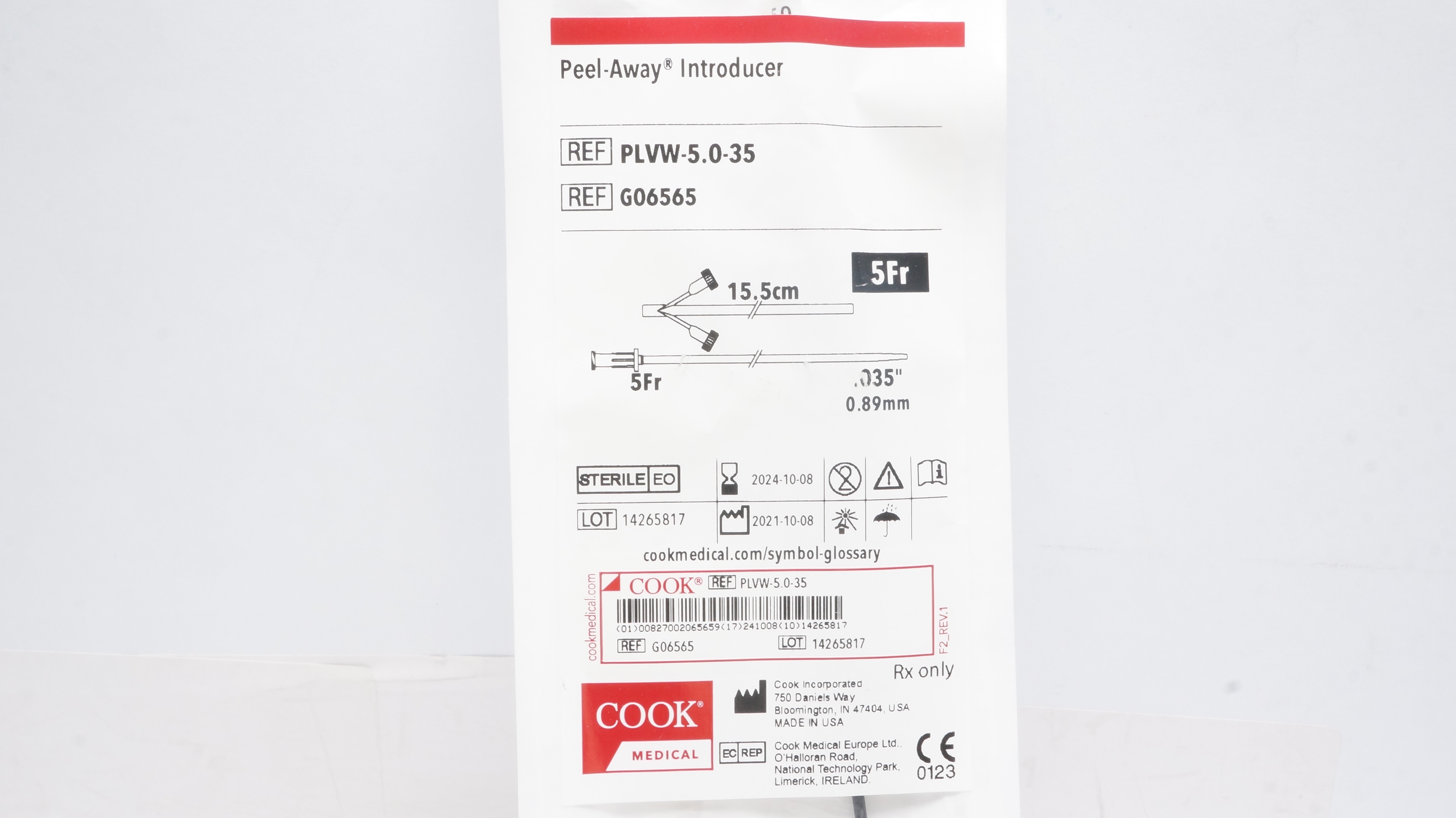 Cook Medical G06565 Peel-Away Introducer 5Fr x 15.5cm x .035inch (x)