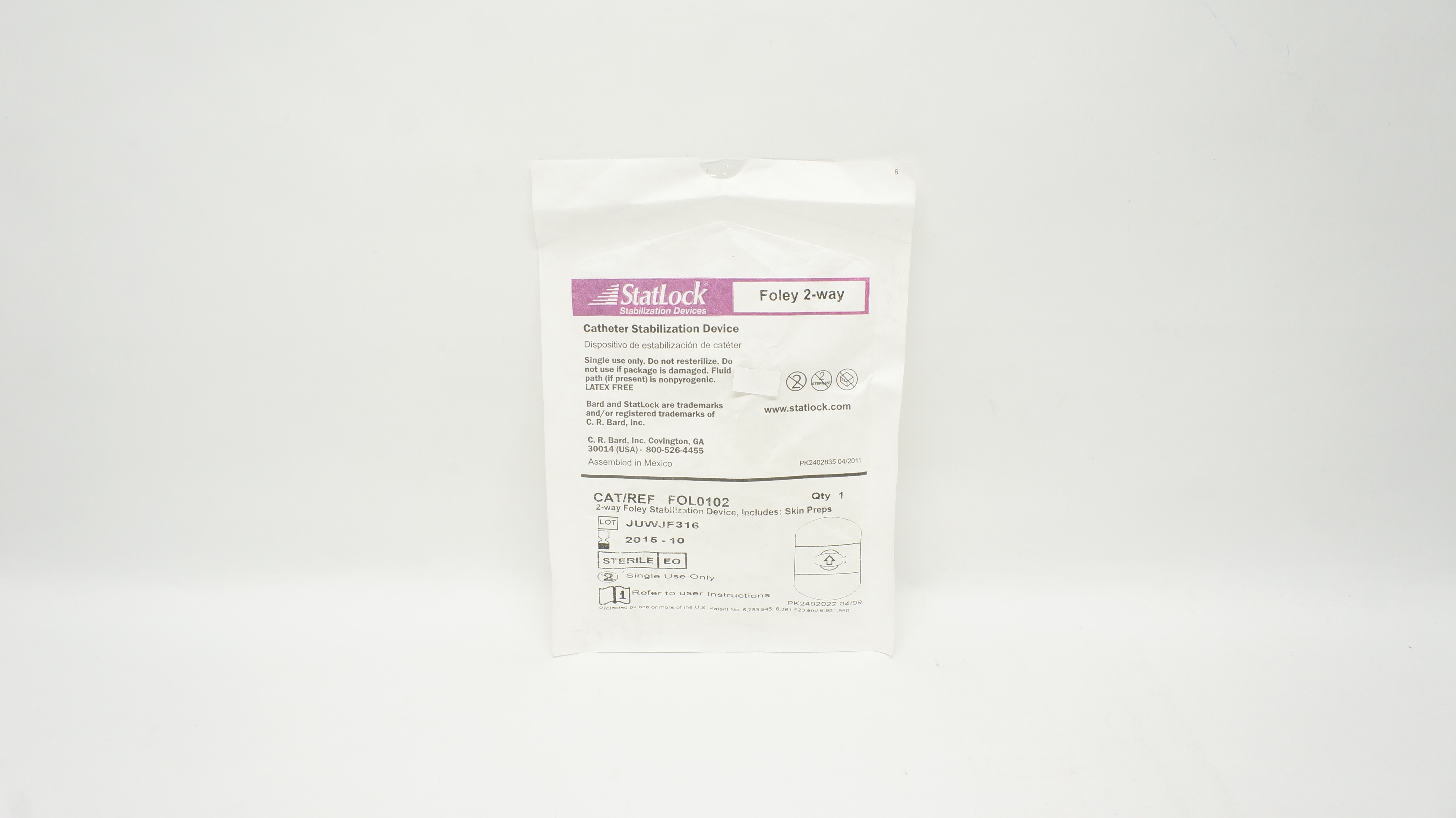 Bard FOL0102 StatLock Cath. Stabilization Device Foley 2-way (x)