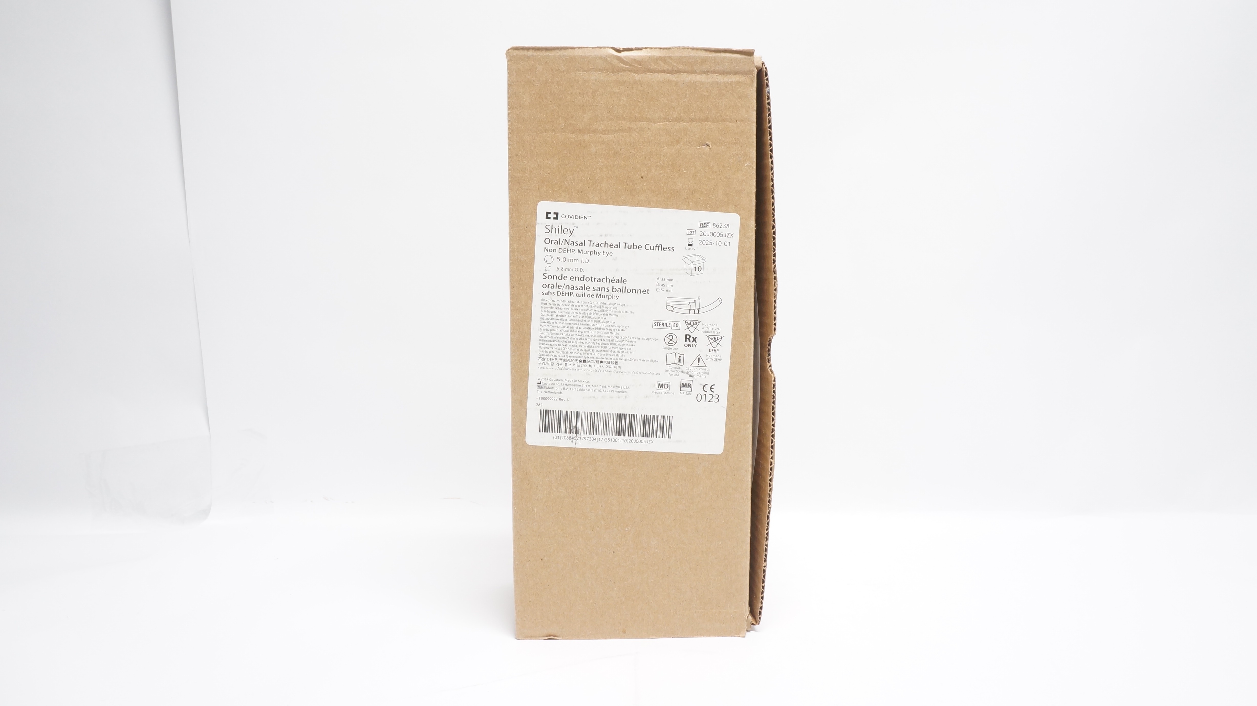 Covidien 86238 Shiley Oral/Nasal Tracheal Tube Cuffless 5.0ID x 6.8mmOD-Box of 10