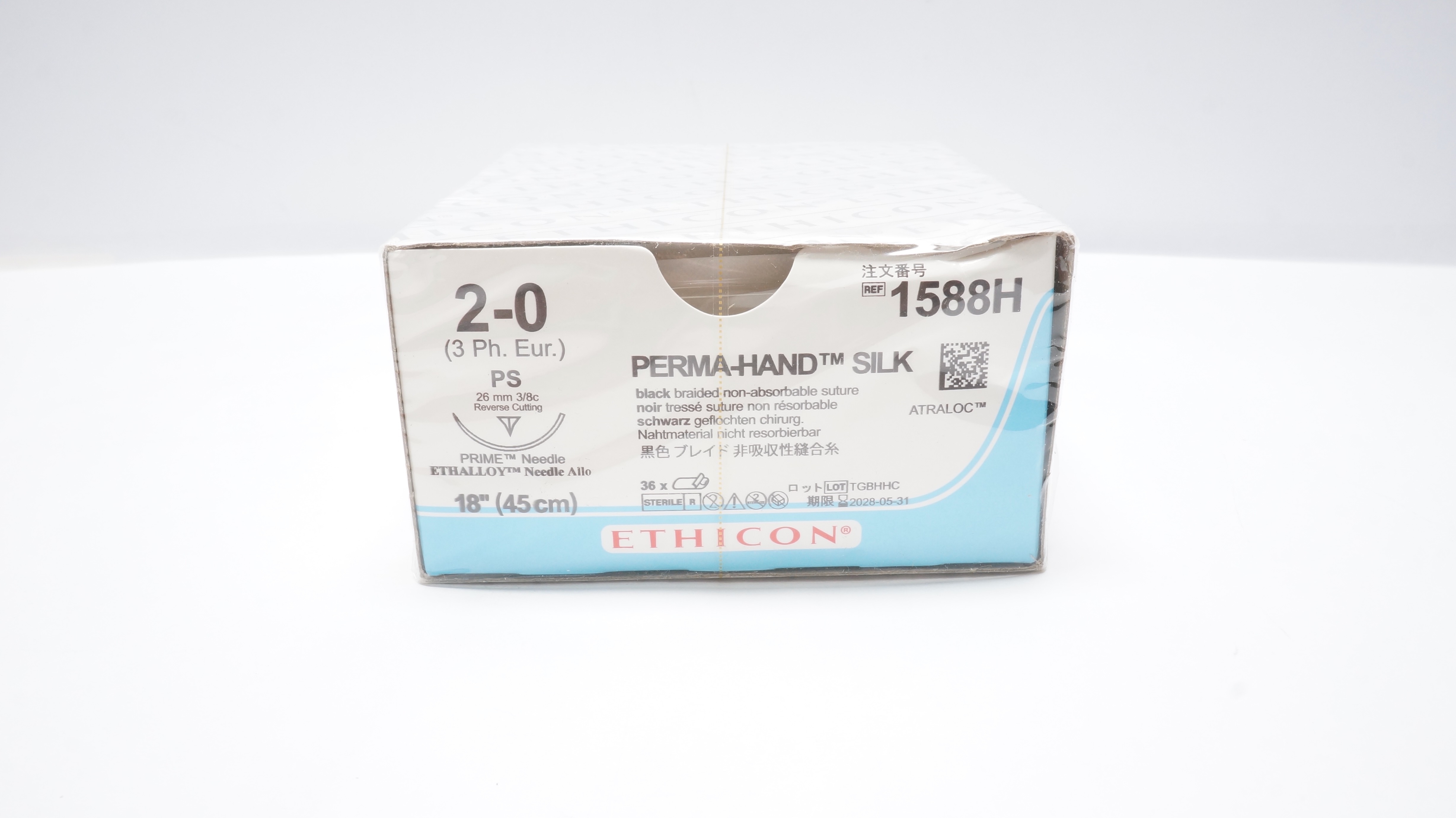 Ethicon 1588H 2-0 PERMA-HAND SILK PS 26mm 3/8c Reverse Cutting 18inch-Box of 36
