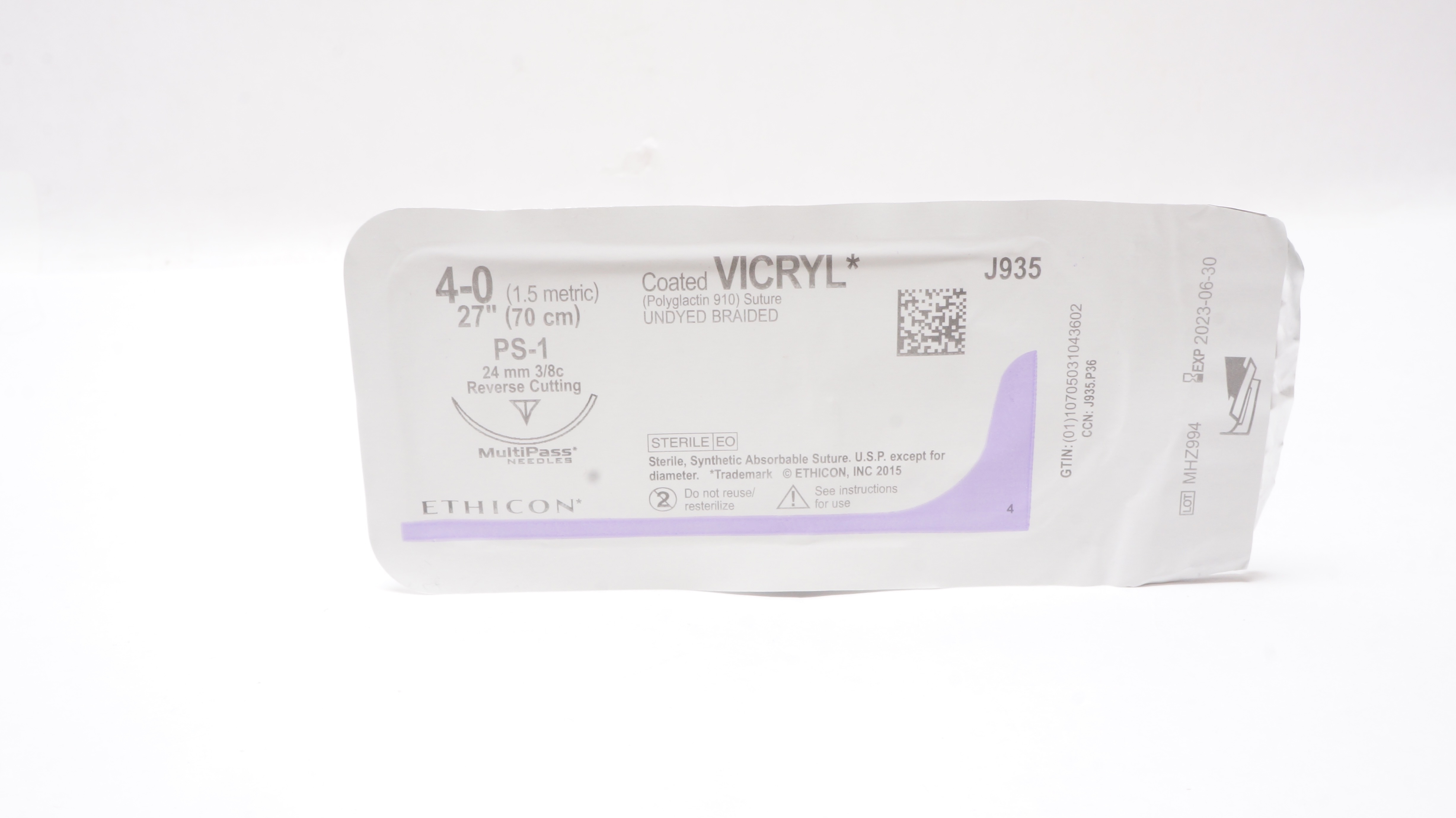 Ethicon J935 4-0 Coated VICRYL Stre PS-1 24mm 3/8c Reverse Cutting, 27inch
