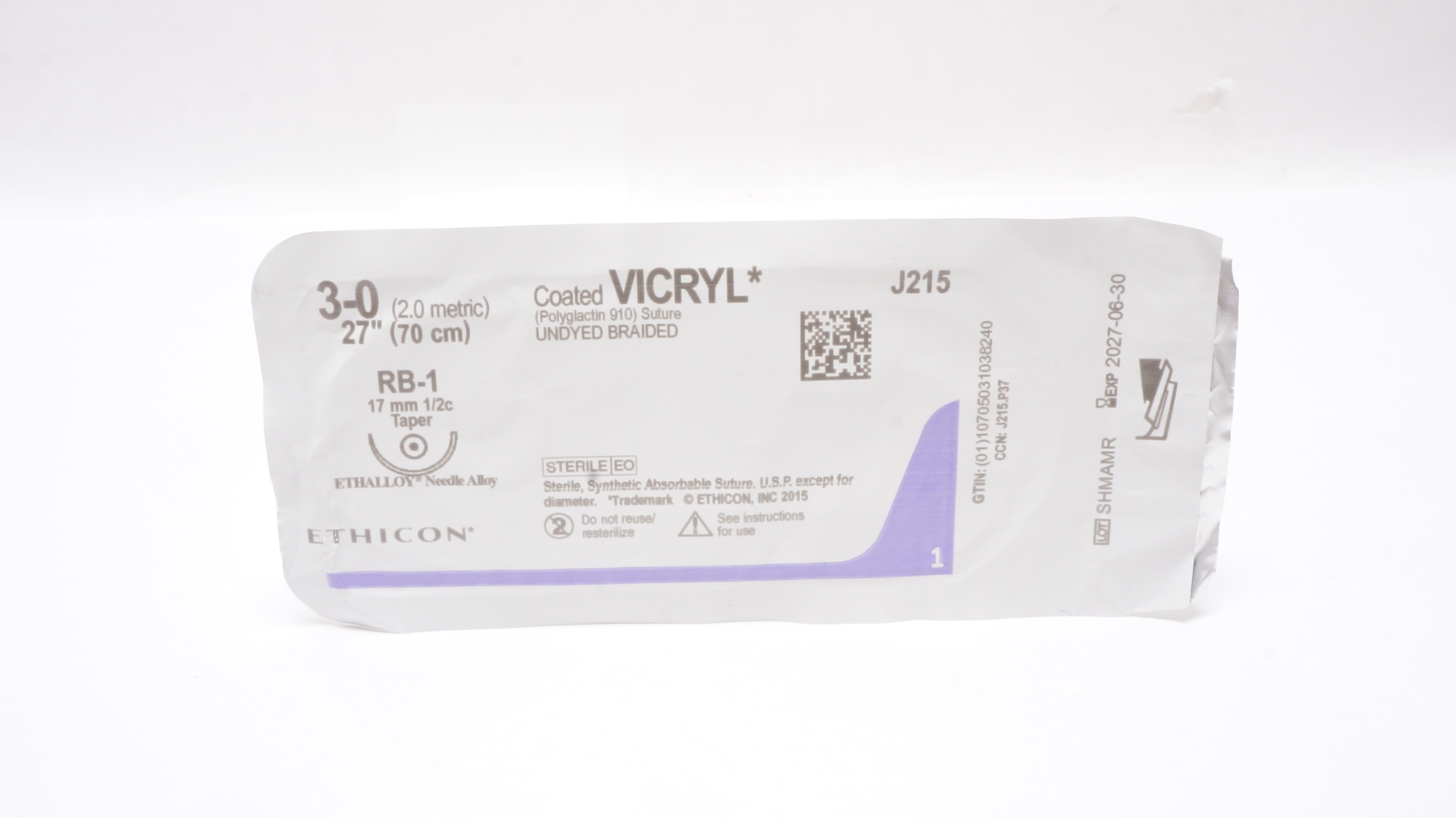 Ethicon J215 3-0 Coated VICRYL Polyglactin Stre, RB-1 17mm 1/2c Taper, 27inch