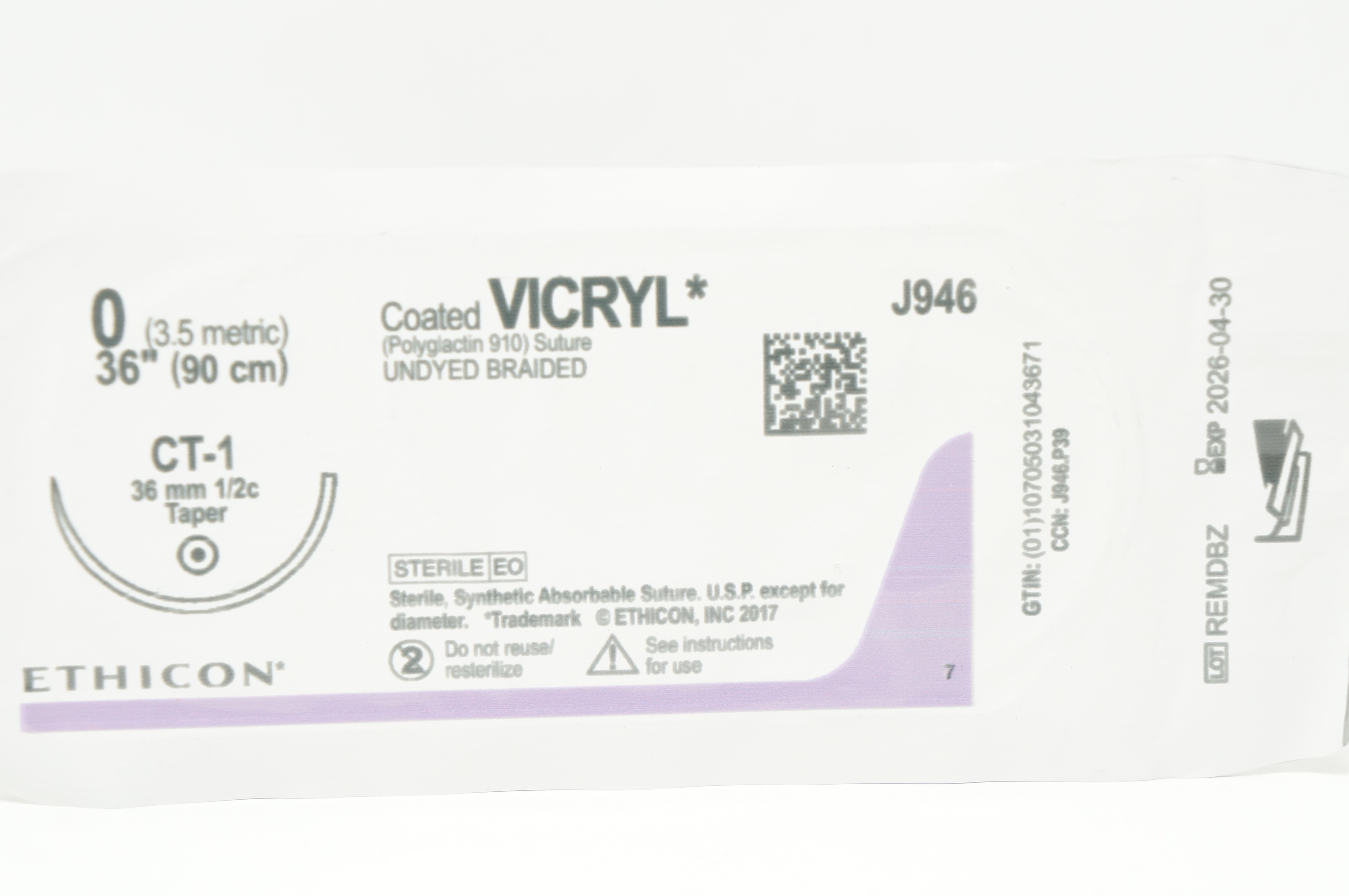 Ethicon J946 0 VICRYL, CT-1, 36mm 1/2c Taper, 36inch