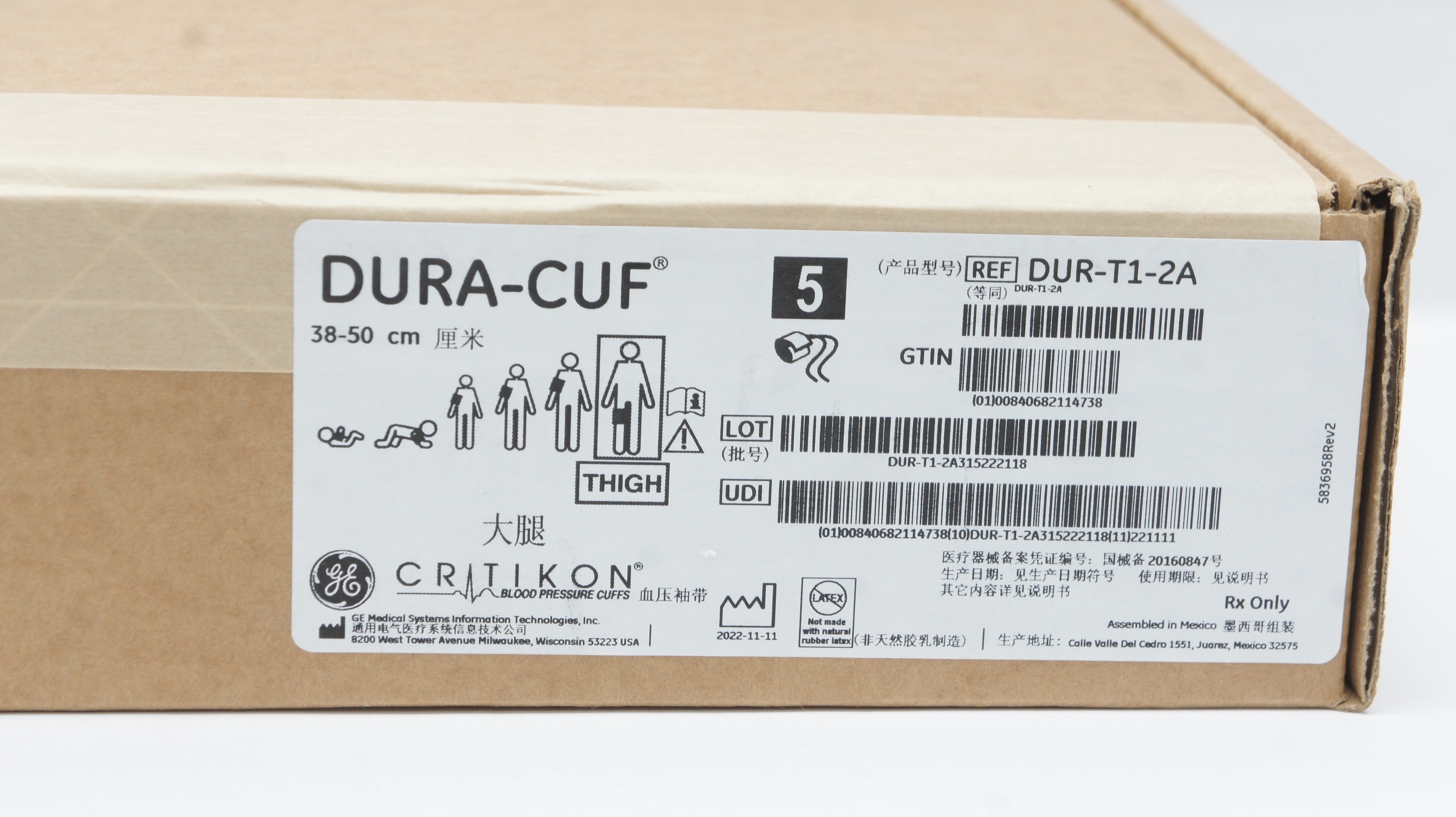 GE Medical DUR-T1-2A Dura-Cuf Critikon Blood Pressure Cuff 38-50cm - Box of 5