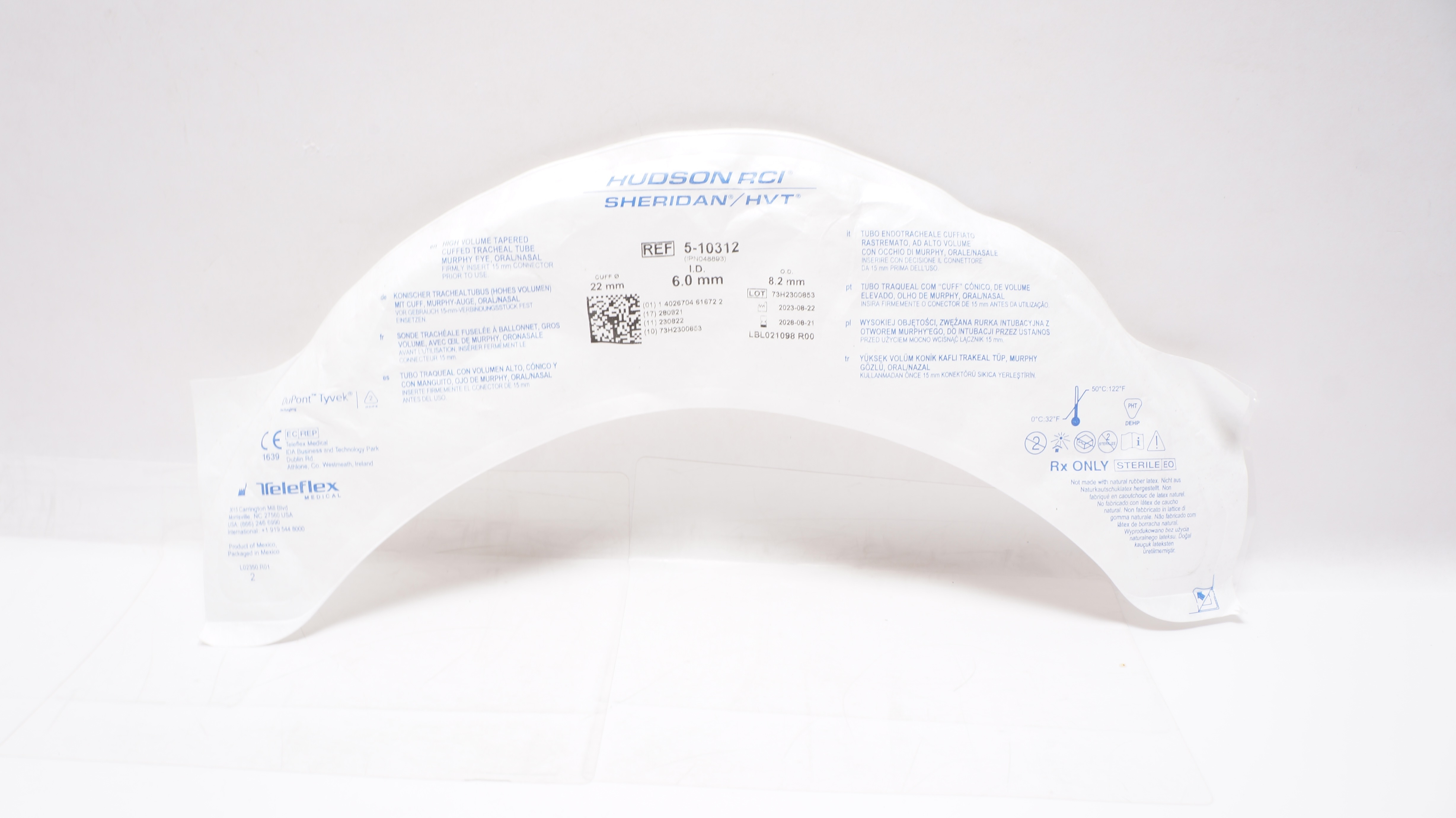 Teleflex 5-10312 Hudson RCI Sheridan HVT Tracheal Tube 6.0ID x 8.2OD x 22mm