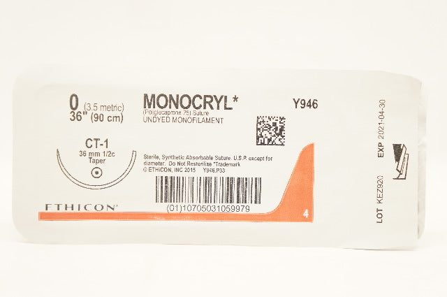 Ethicon Y946 0 MONOCRYL Stre Undyed Monofilament CT-1 36mm 1/2c Taper 36inch (x)
