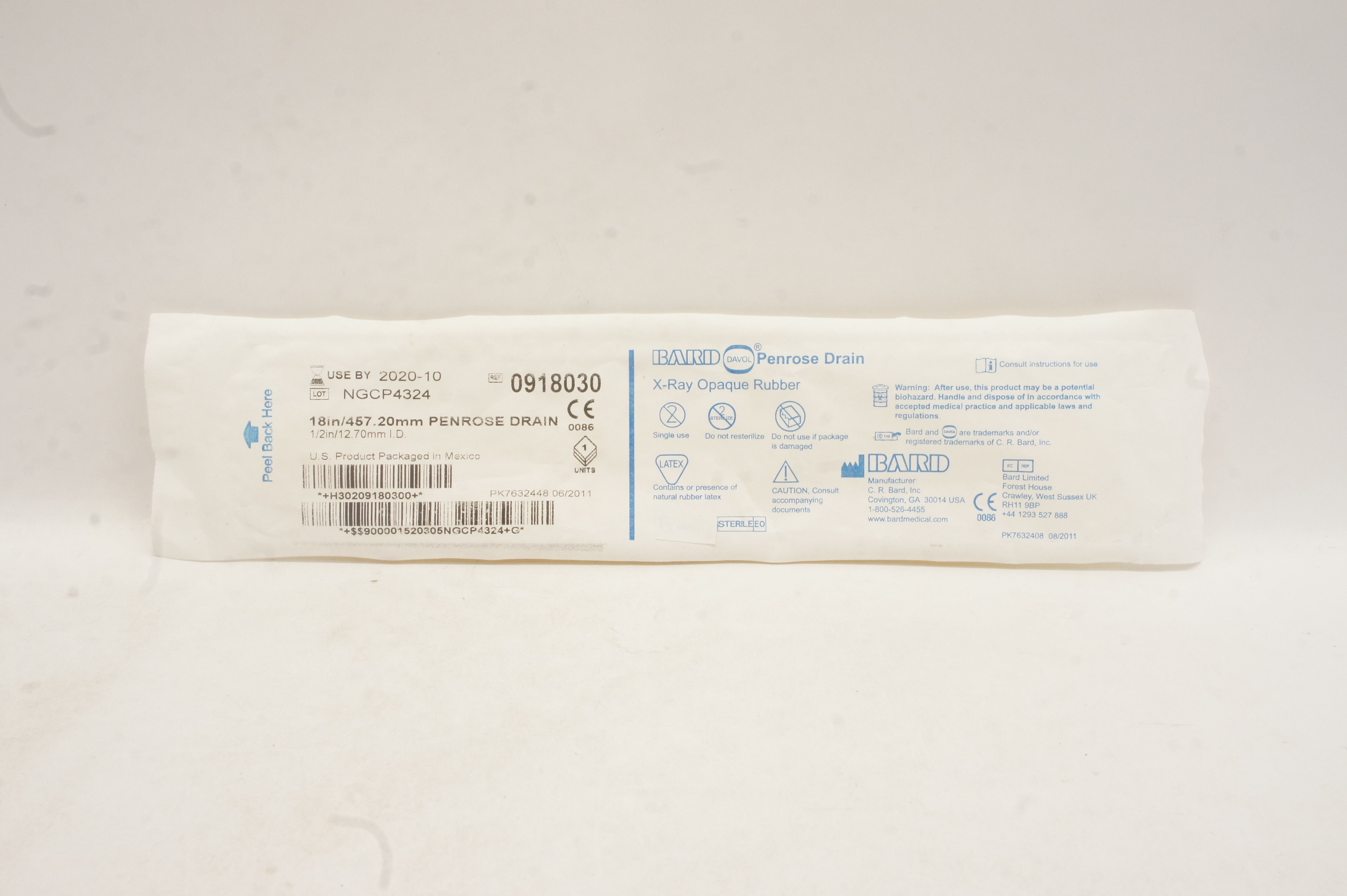 Bard 0918030 Davol Penrose Drain X-Ray Opaque Rubber 1/2inch ID x 18inch (x)