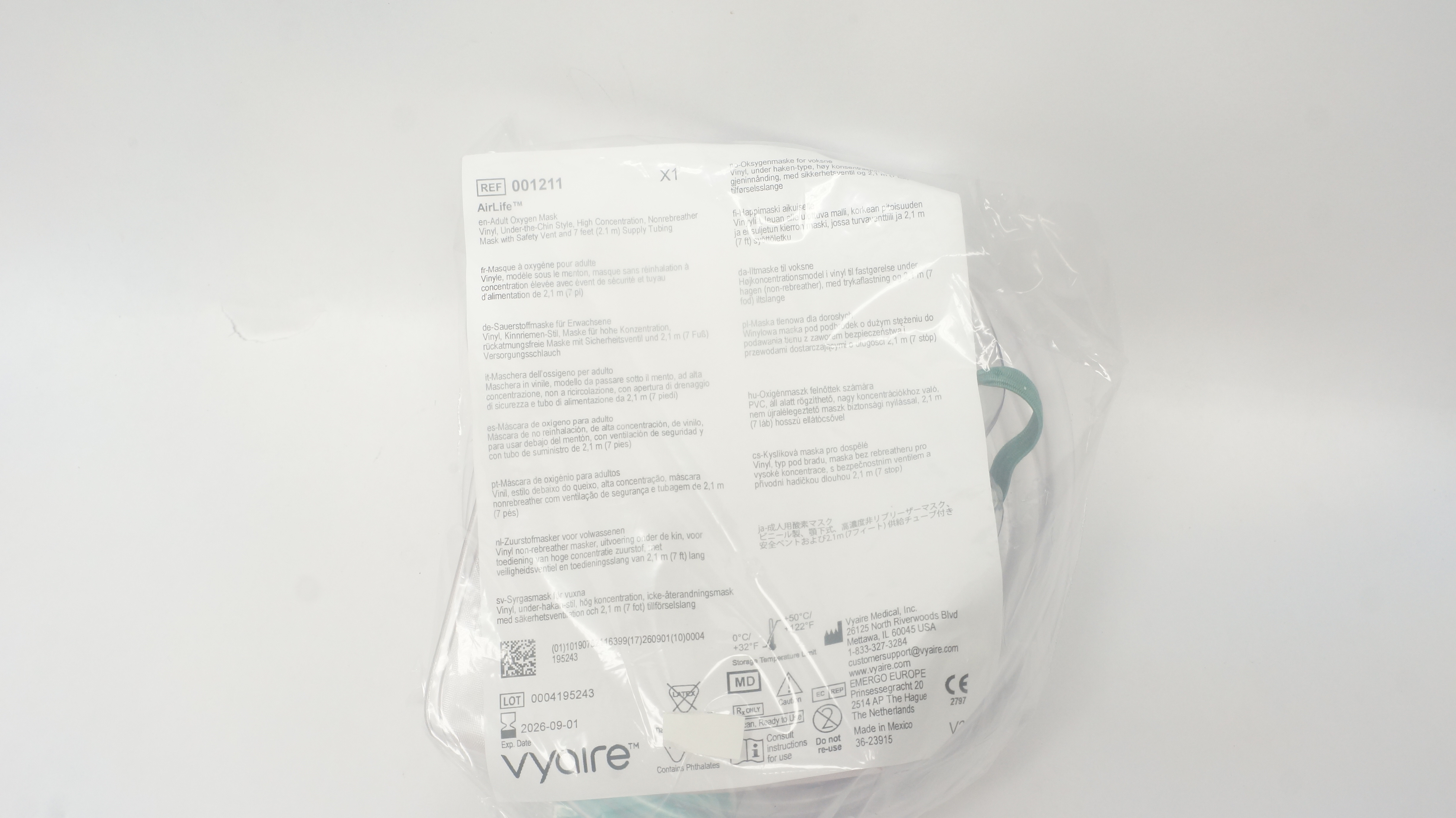 CareFusion 001211 AirLife Adult Oxygen Mask with Safety Vent & 7ft. Tubing