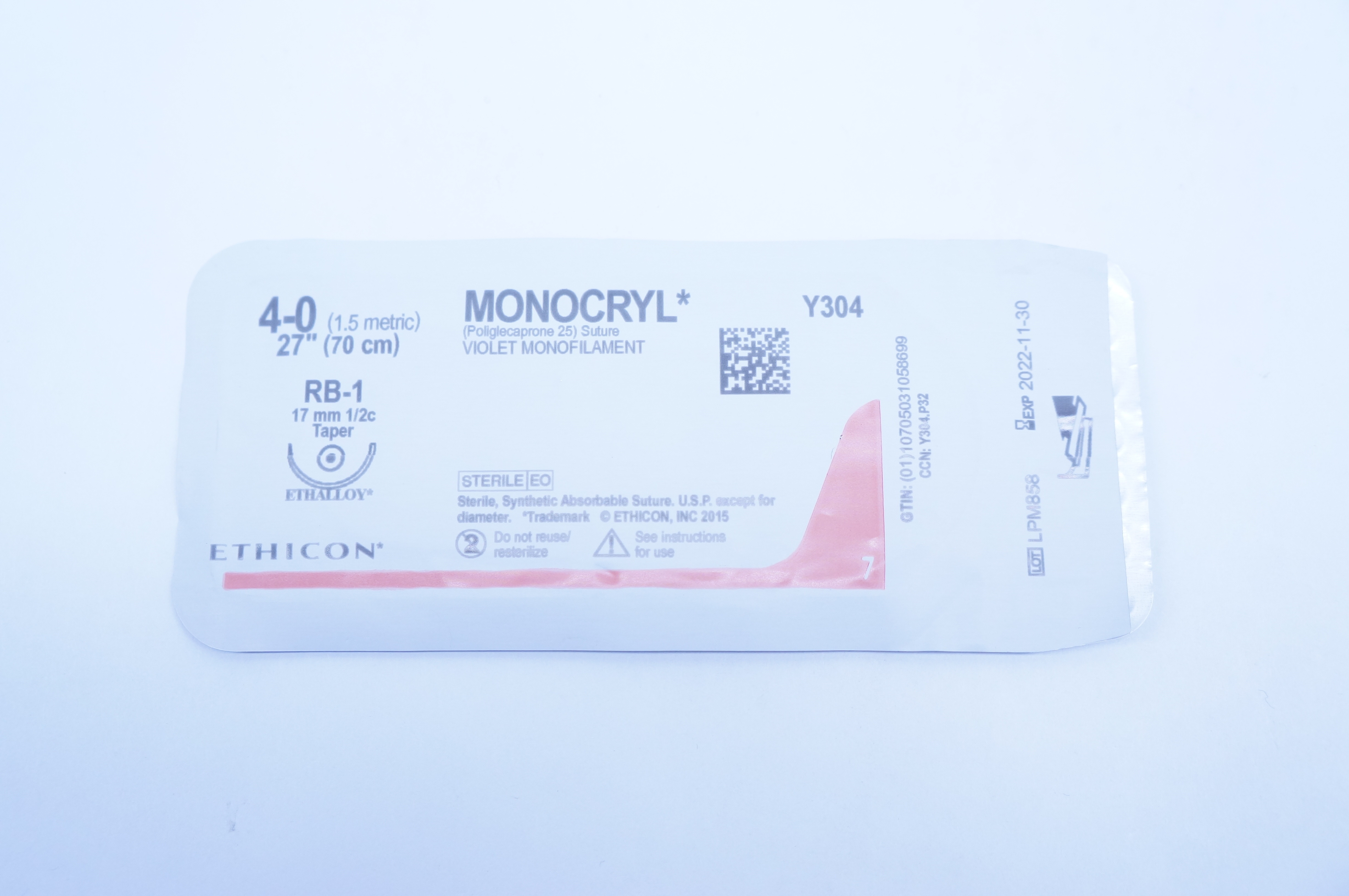 Ethicon Y304 4-0 MONOCRYL, RB-1, 17mm 1/2c Taper, 27inch