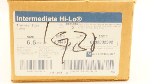 Mallinckrodt 86449 Intermediate Hi-Lo Tracheal Tube Cuffed 6.5mm ID - Box of 10