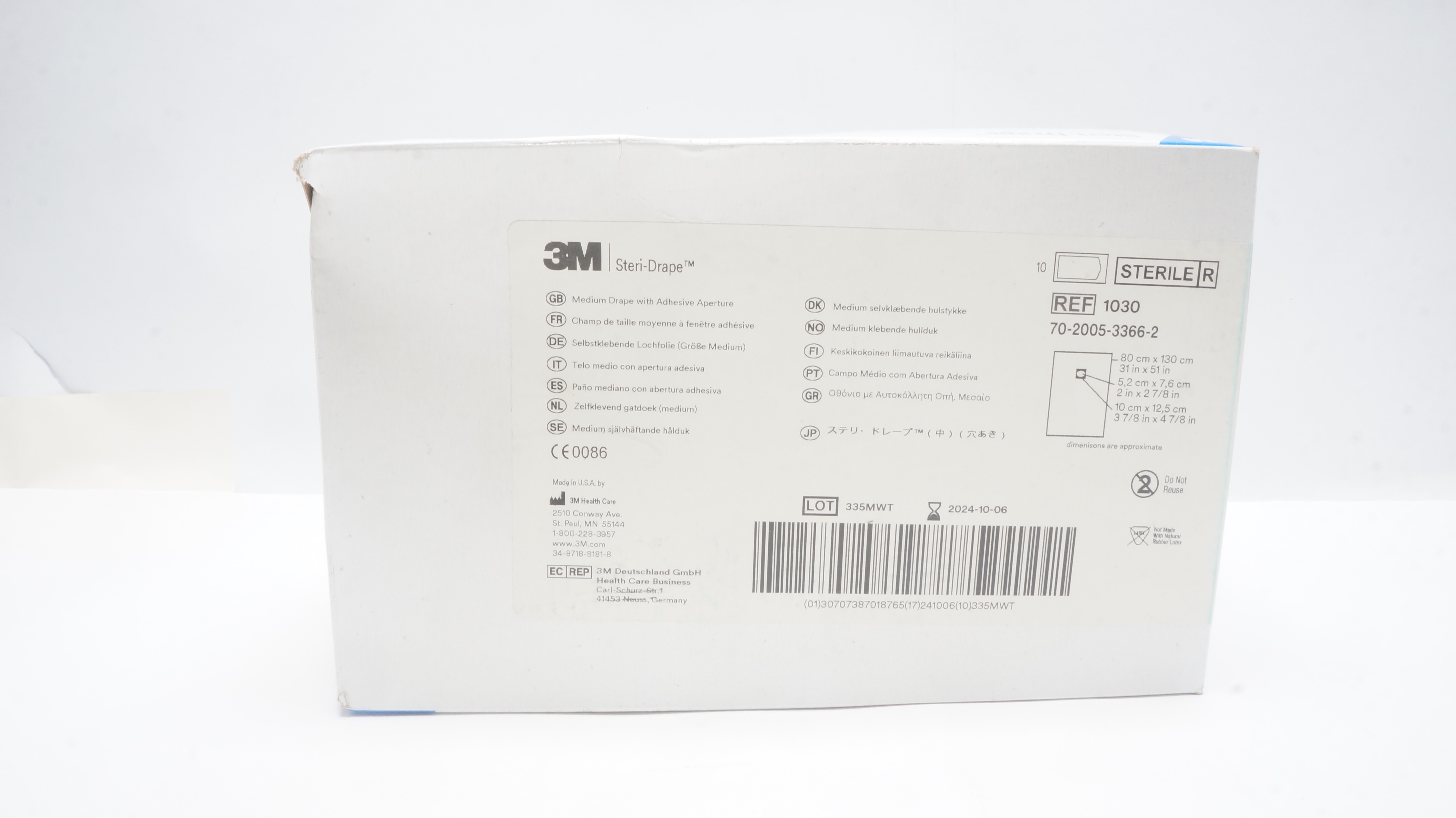 3M 1030 Steri-Drape Medium Drape w/Aperture 31inch x 51inch Approx.(x)-Box of 10