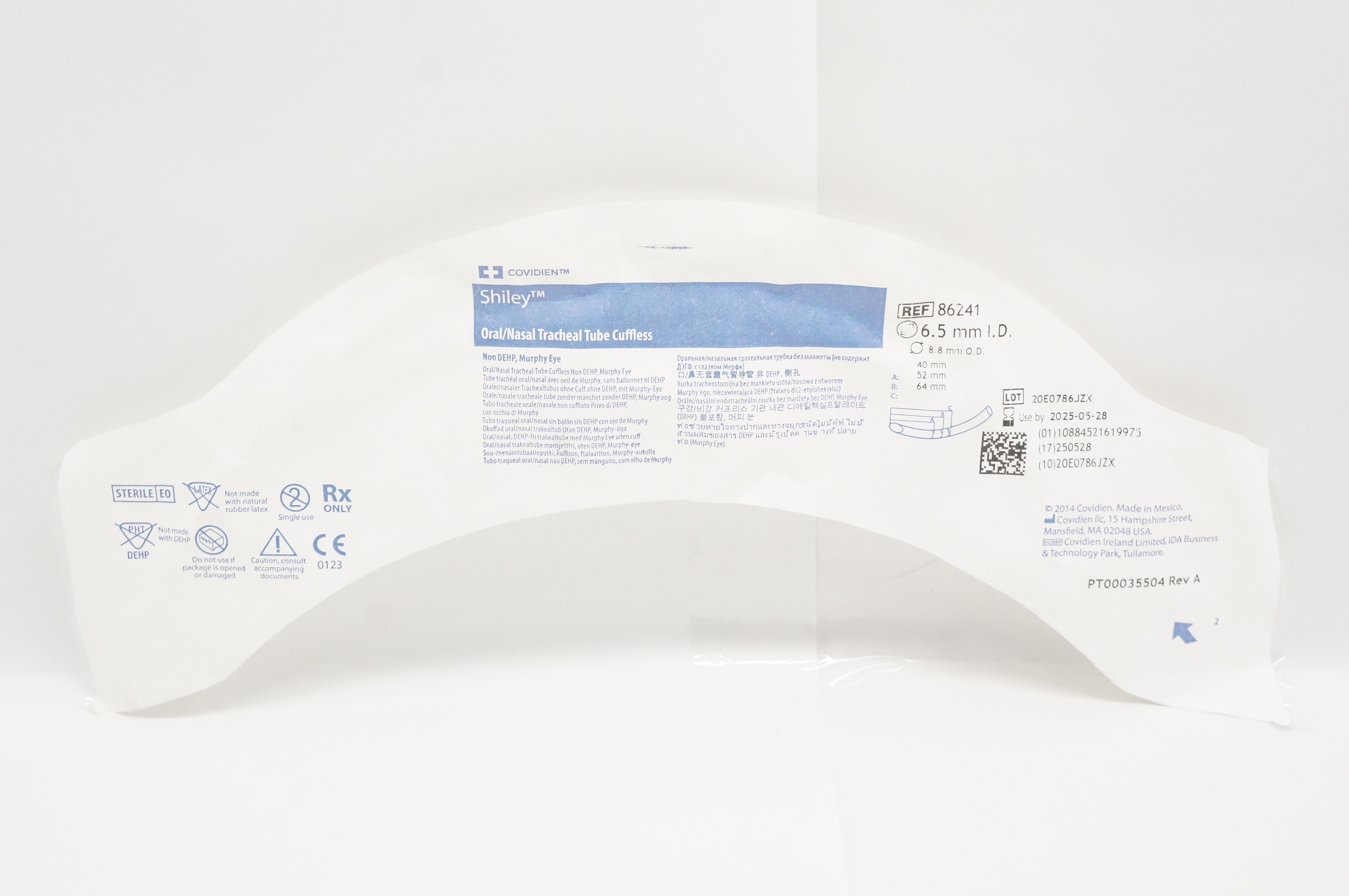 Covidien 86241 Shiley Oral/Nasal Tracheal Tube Cuffless 6.5mm ID x 8.8mm OD