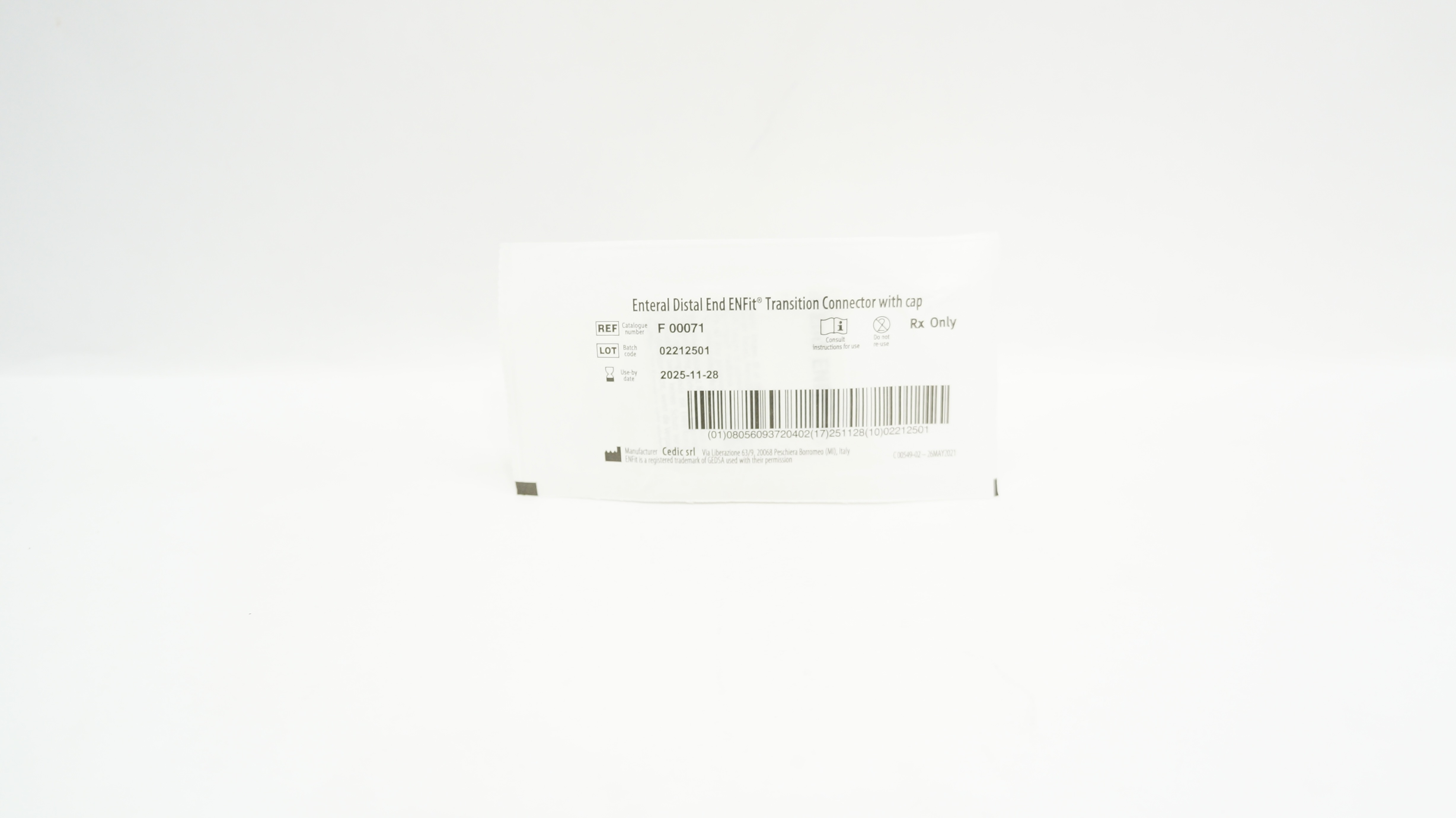 Cedic SRL F00071 Enteral Distal ENFit Transition Connector with Cap
