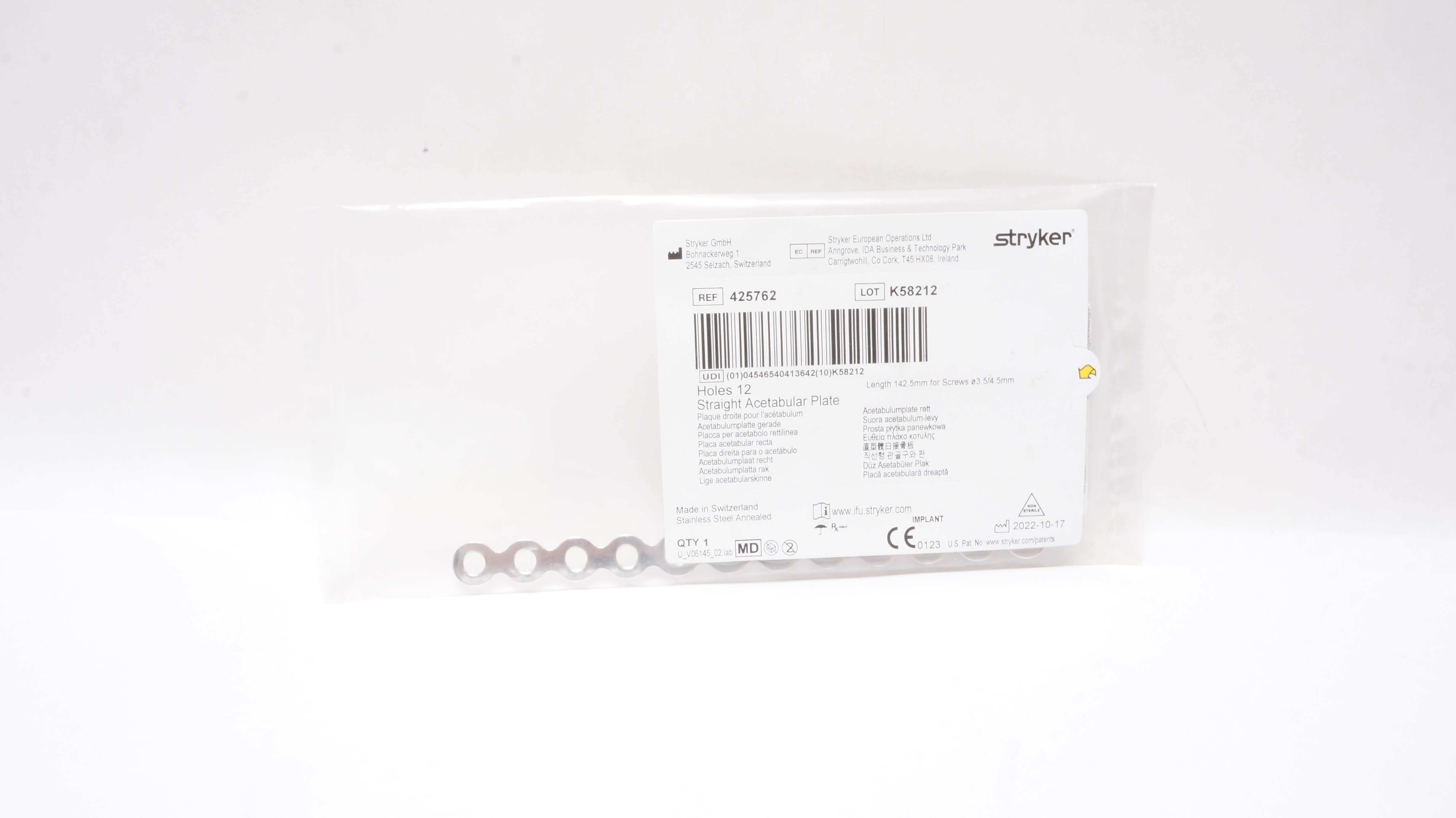 Stryker 425762 Straight Acetabular Plate Holes 12