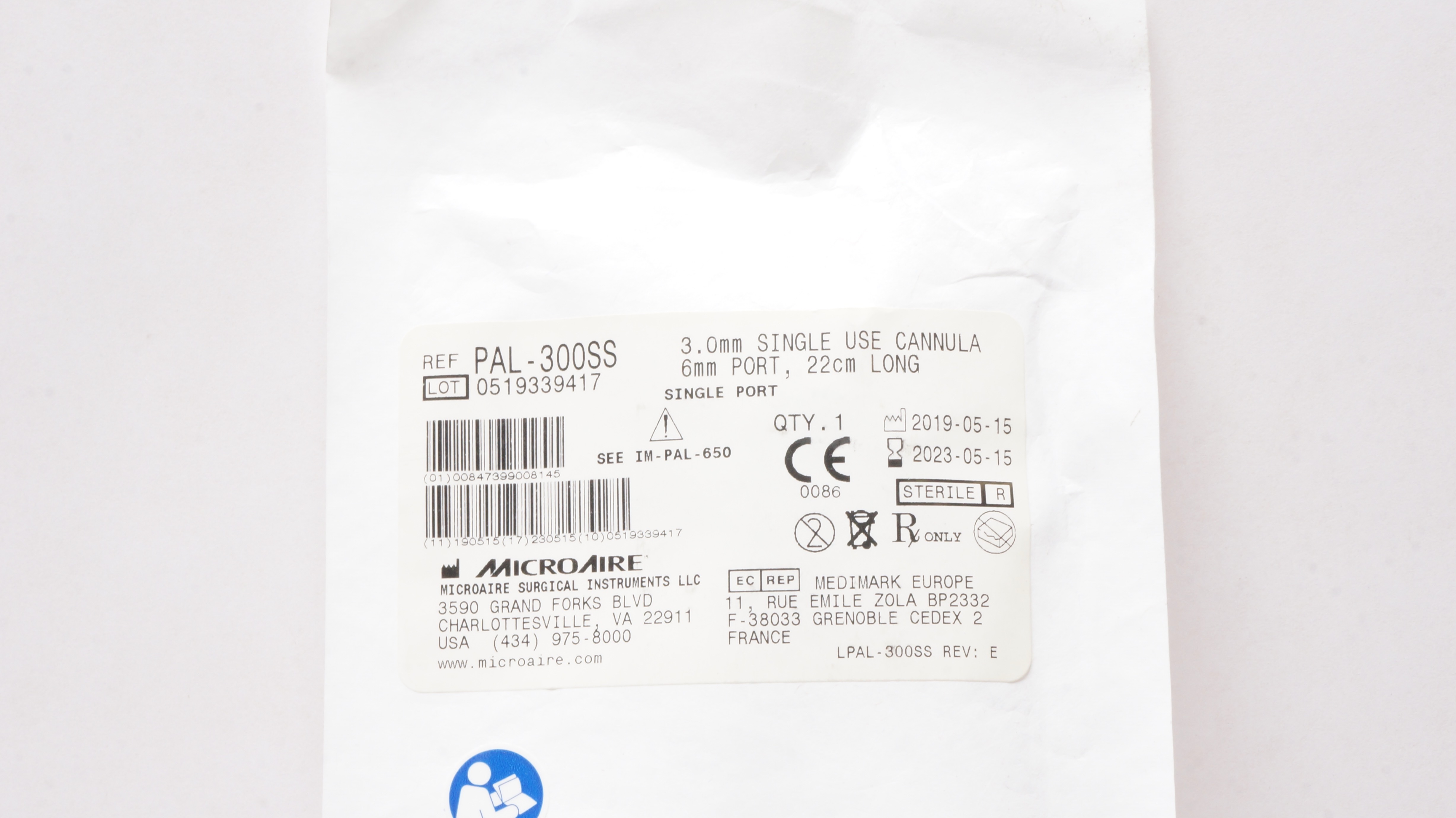 Microaire PAL-300SS 3.0mm Cannula 6mm Port, 22cm Long (x)