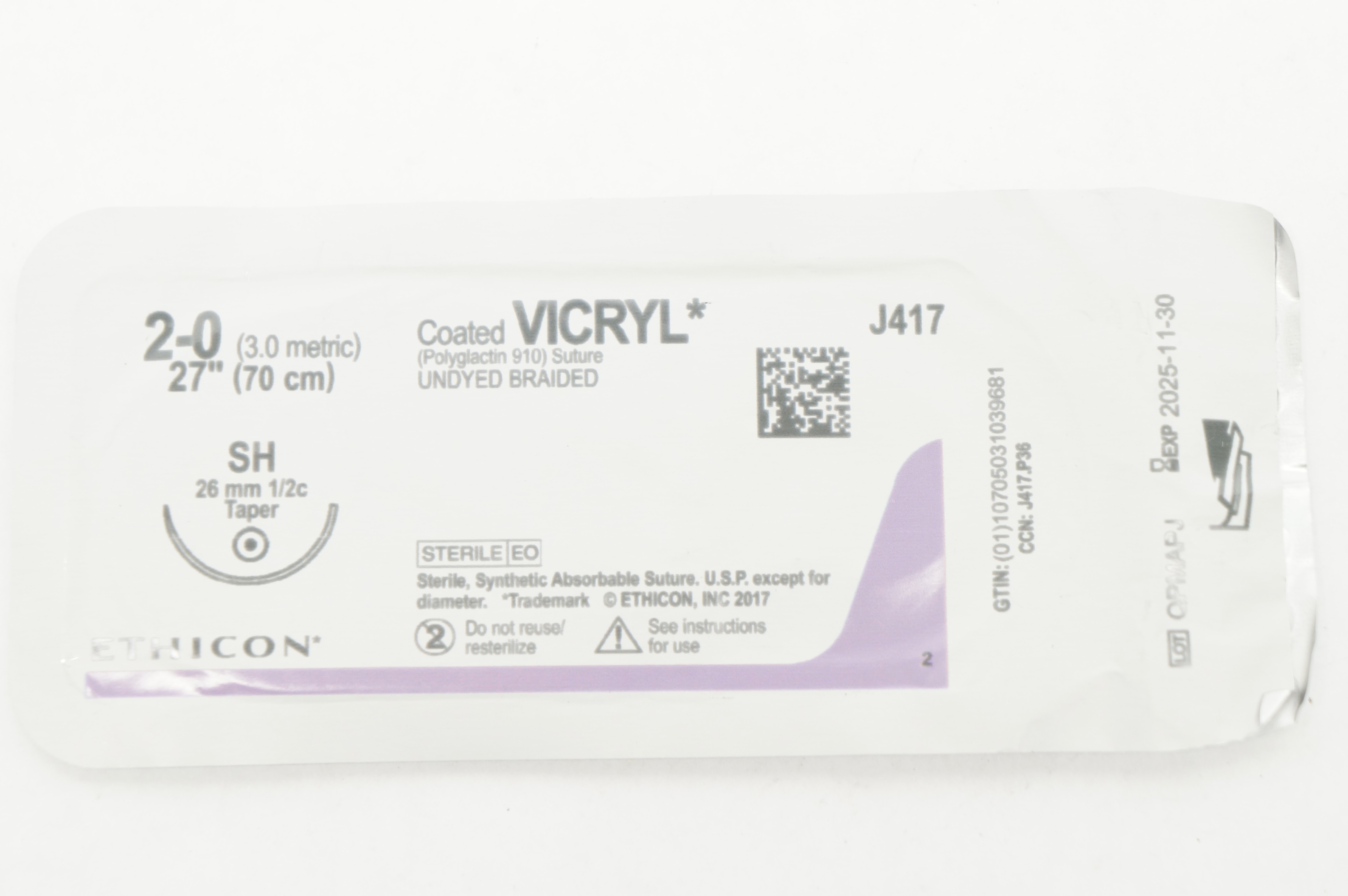 Ethicon J417 2-0 Coated VICRYL, SH 26mm 1/2c Taper, 27inch