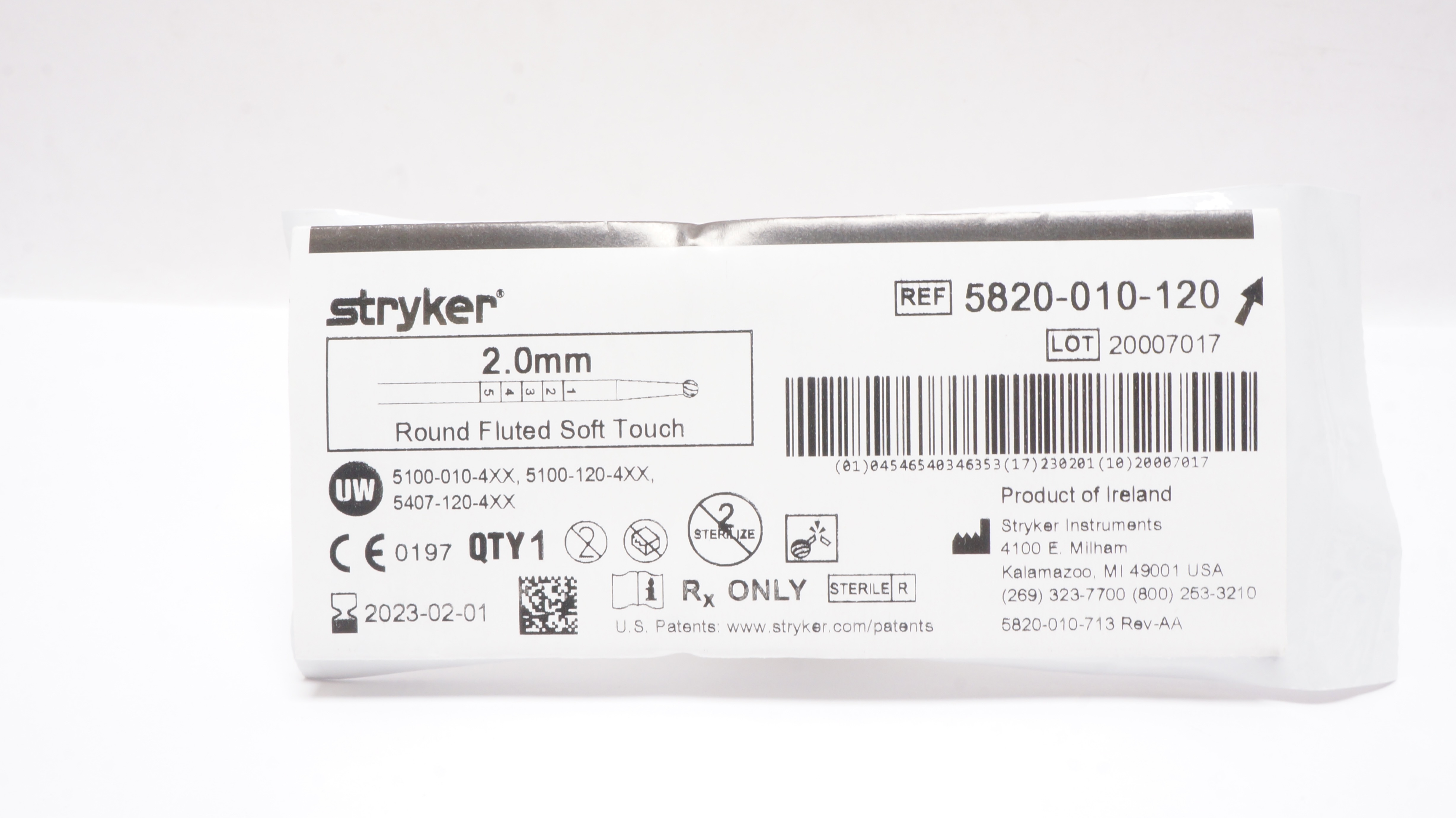 Stryker 5820-010-120 2.0mm Round Fluted Soft Touch Bur (x)