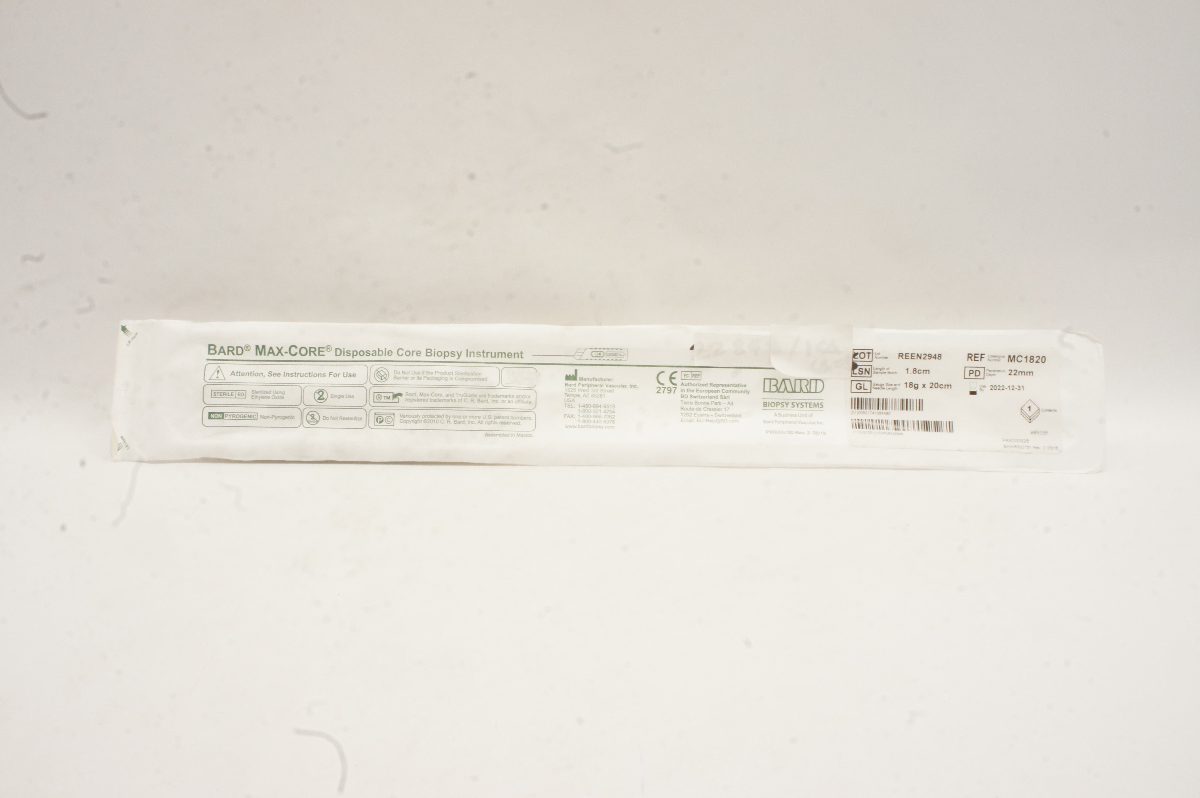 Bard MC1820 Max-Core Disposable Core Biopsy Instrument 1.8cm x 18g x 20cm