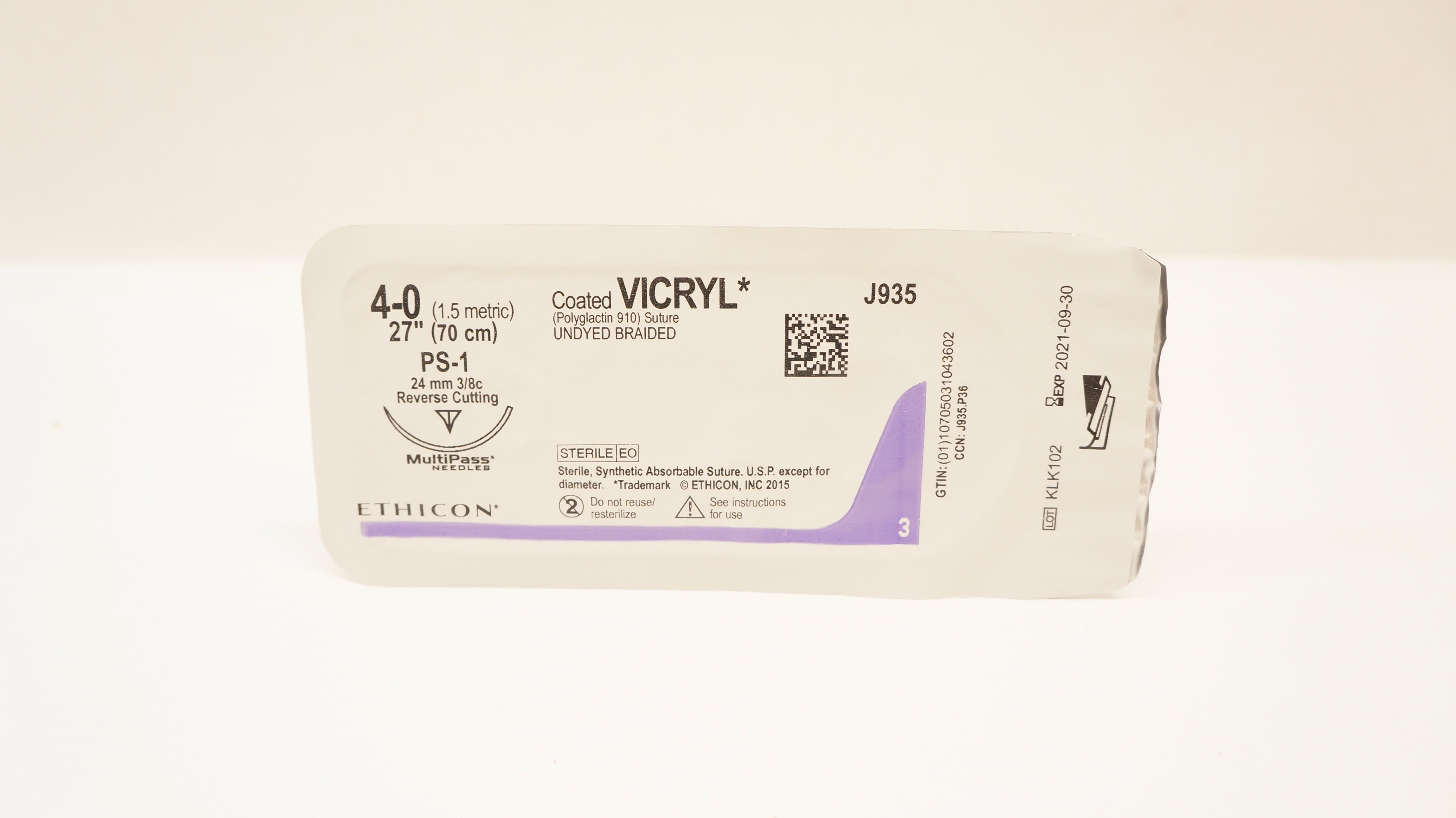 Ethicon J935 4-0 VICRYL, PS-1, 24mm 3/8c Reverse Cutting, 27inch (x)