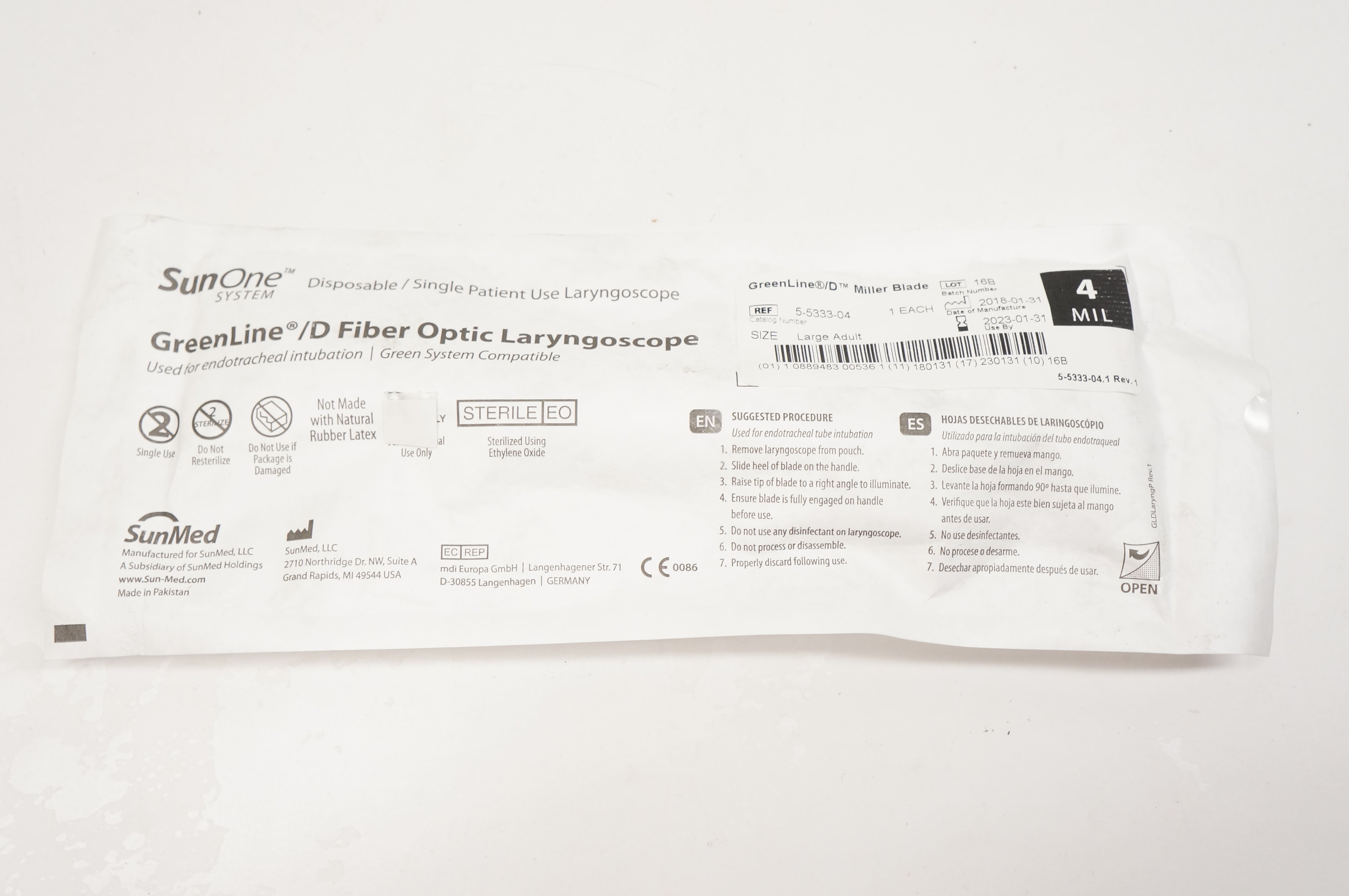 SunMed 5-5333-04 GreenLine D Fiber Optic Laryngoscope, Large Adult, Size 4 Mil