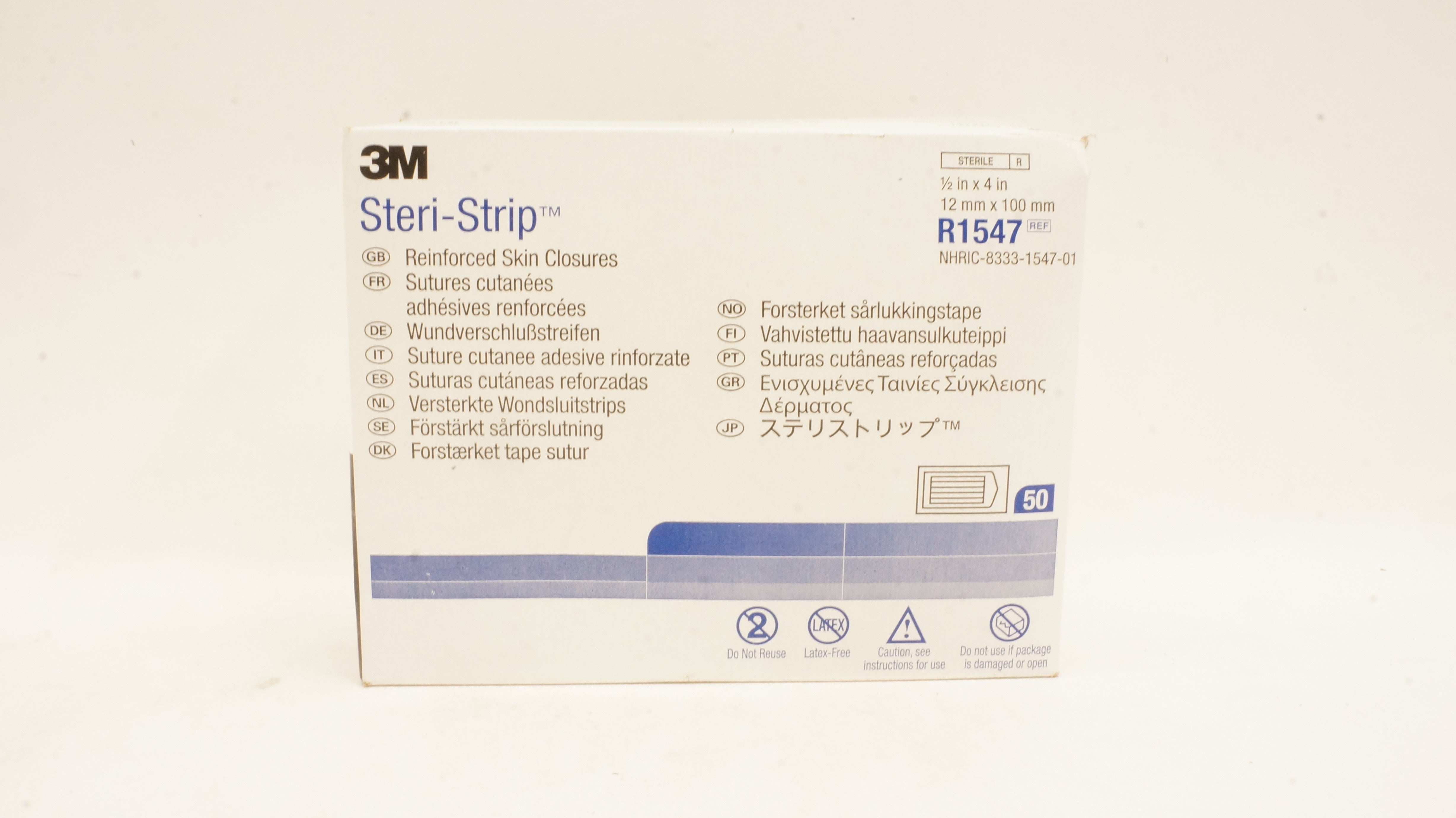 3M R1547 Steri-Strip Reinforced Skin Closures 1/2inch x 4inch - Box of 50 (x)