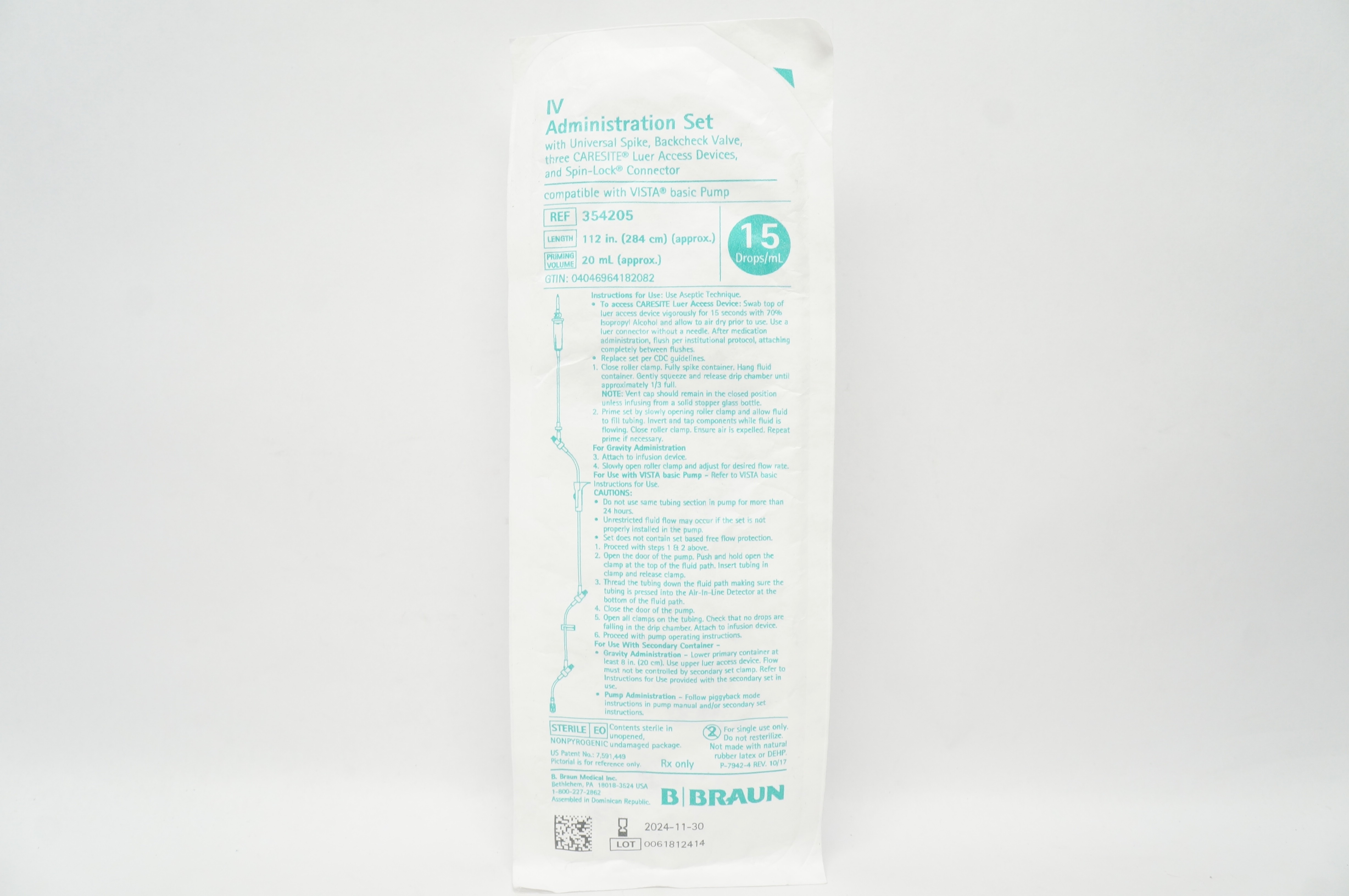Braun 354205 IV Administration Set 112inch x 20mL 15Drops/mL