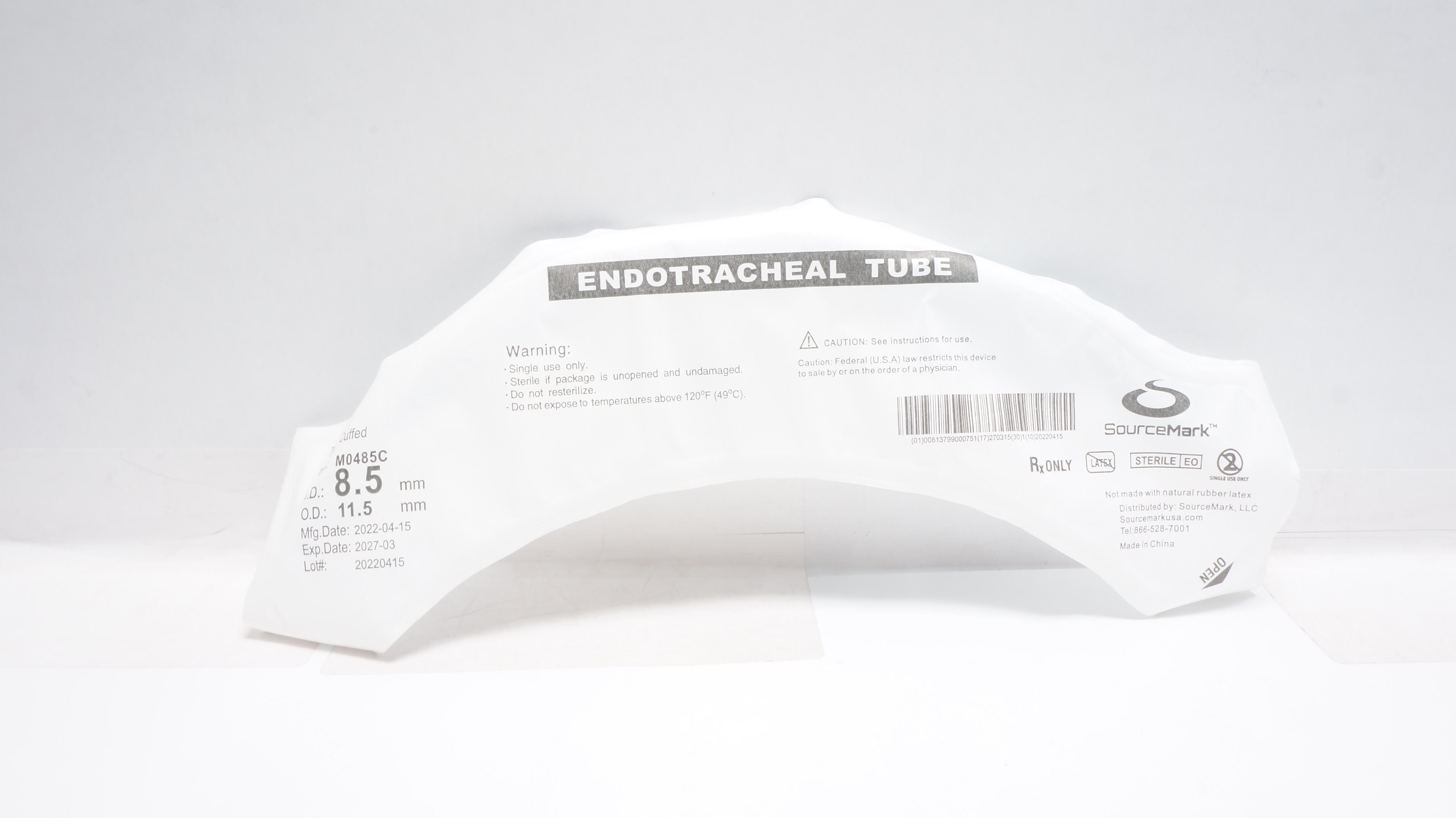 SourceMark M0485C Endotracheal Tube-Cuffed 8.5mm ID x 11.5mm OD