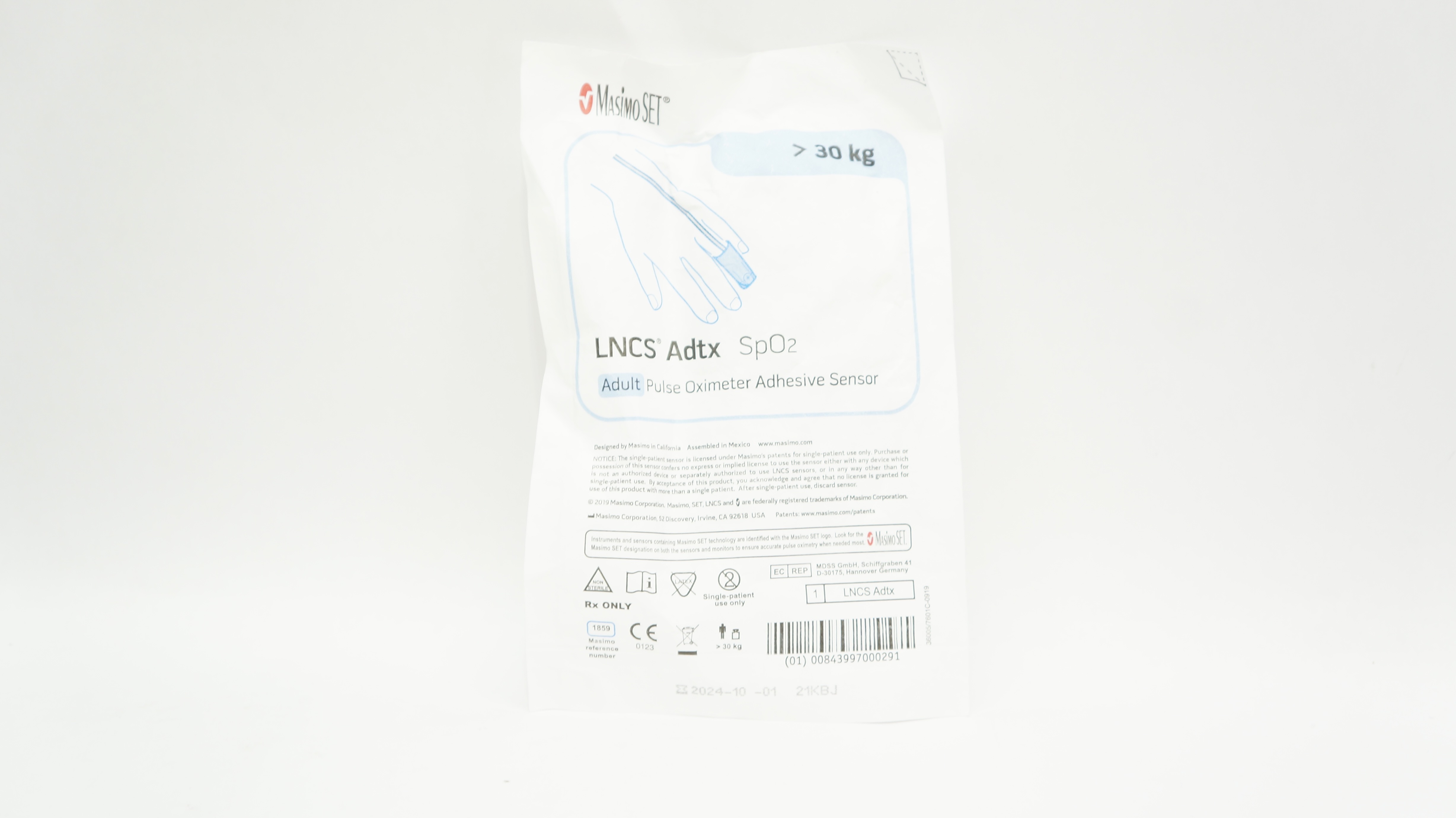 Masimo 1859 LNCS Adtx SpO2 Adult Pulse Oximeter Adhesive Sensor >30 kg