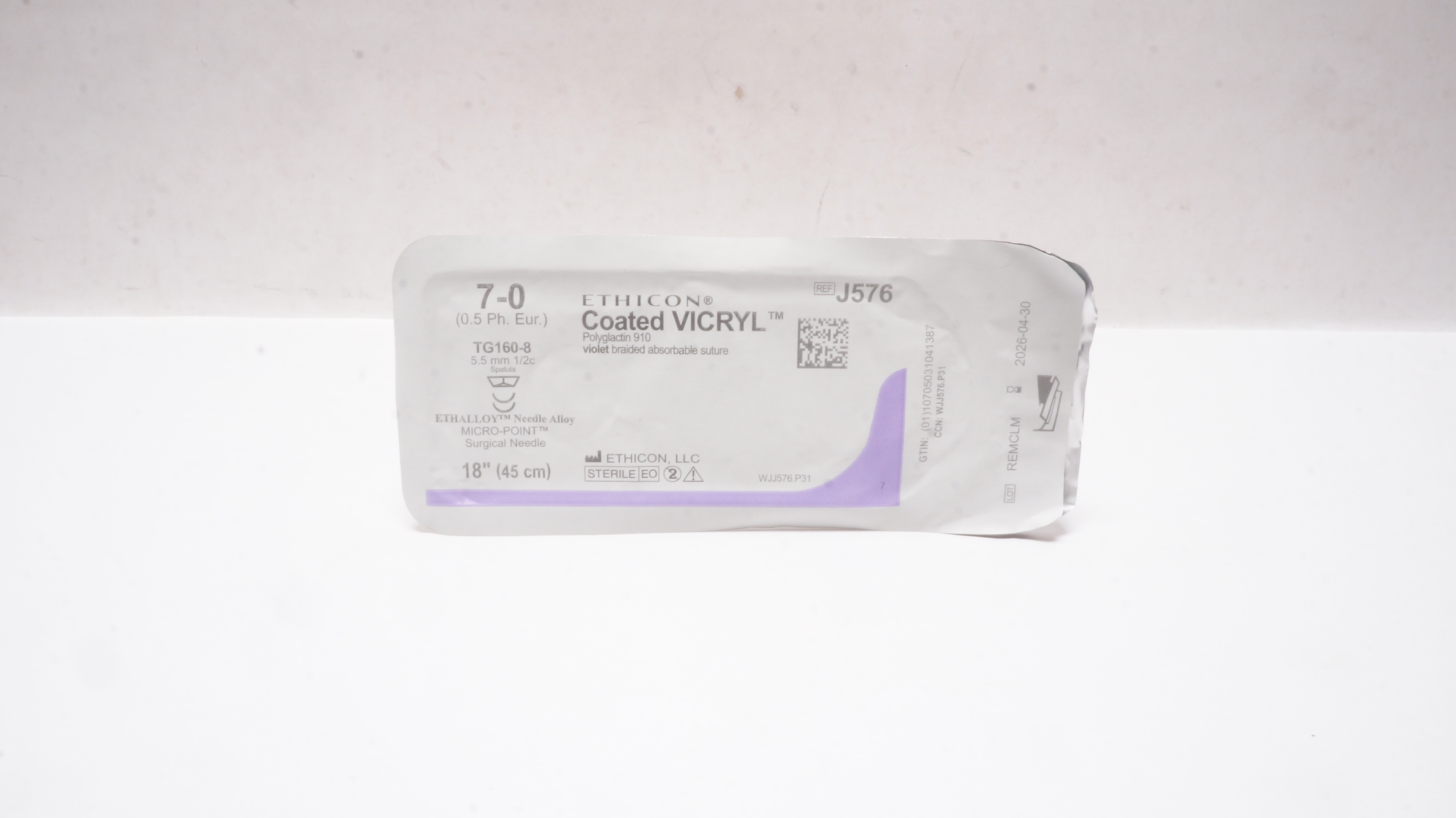 Ethicon J576 7-0 Coated VICRYL Braided Stre TG160-8 5.5mm 1/2c Spatula 18inch