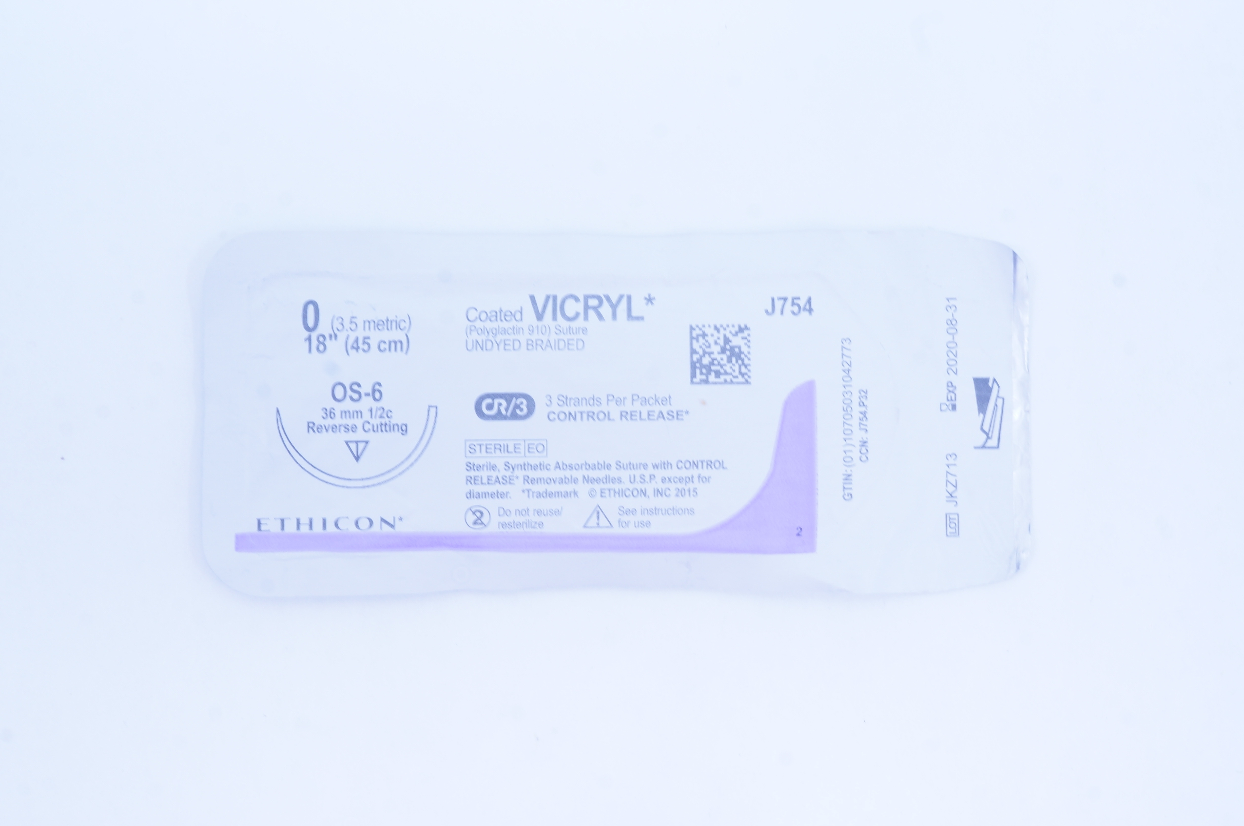 Ethicon J754 0 Coated VICRYL Stre, OS-6 36mm 1/2c Reverse Cutting, 18inch (x)