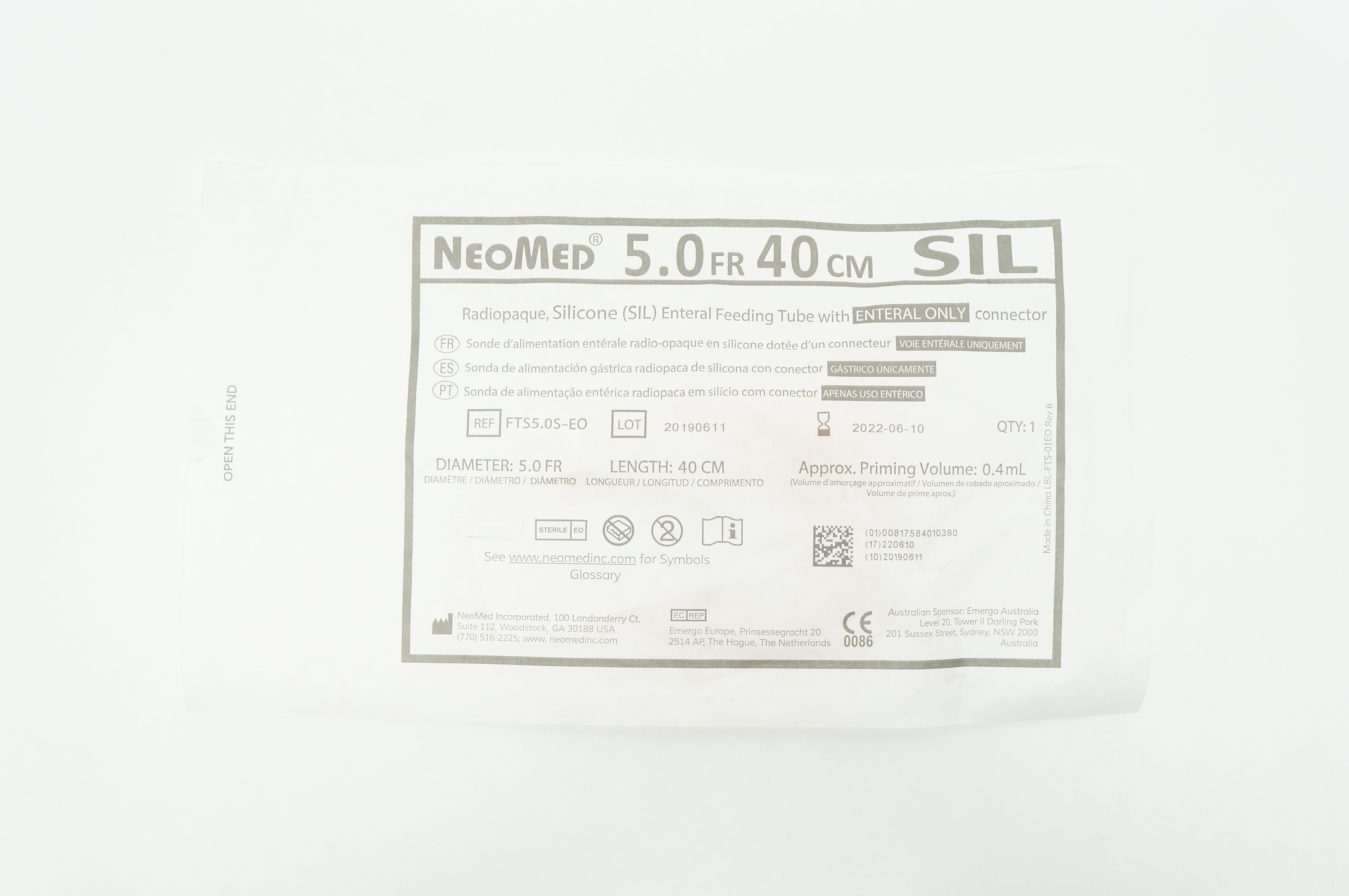 NeoMed FTS5.0S-EO Radiopaque, Silicone Enteral Feeding Tube 5.0Fr x 40cm, 0.4mL