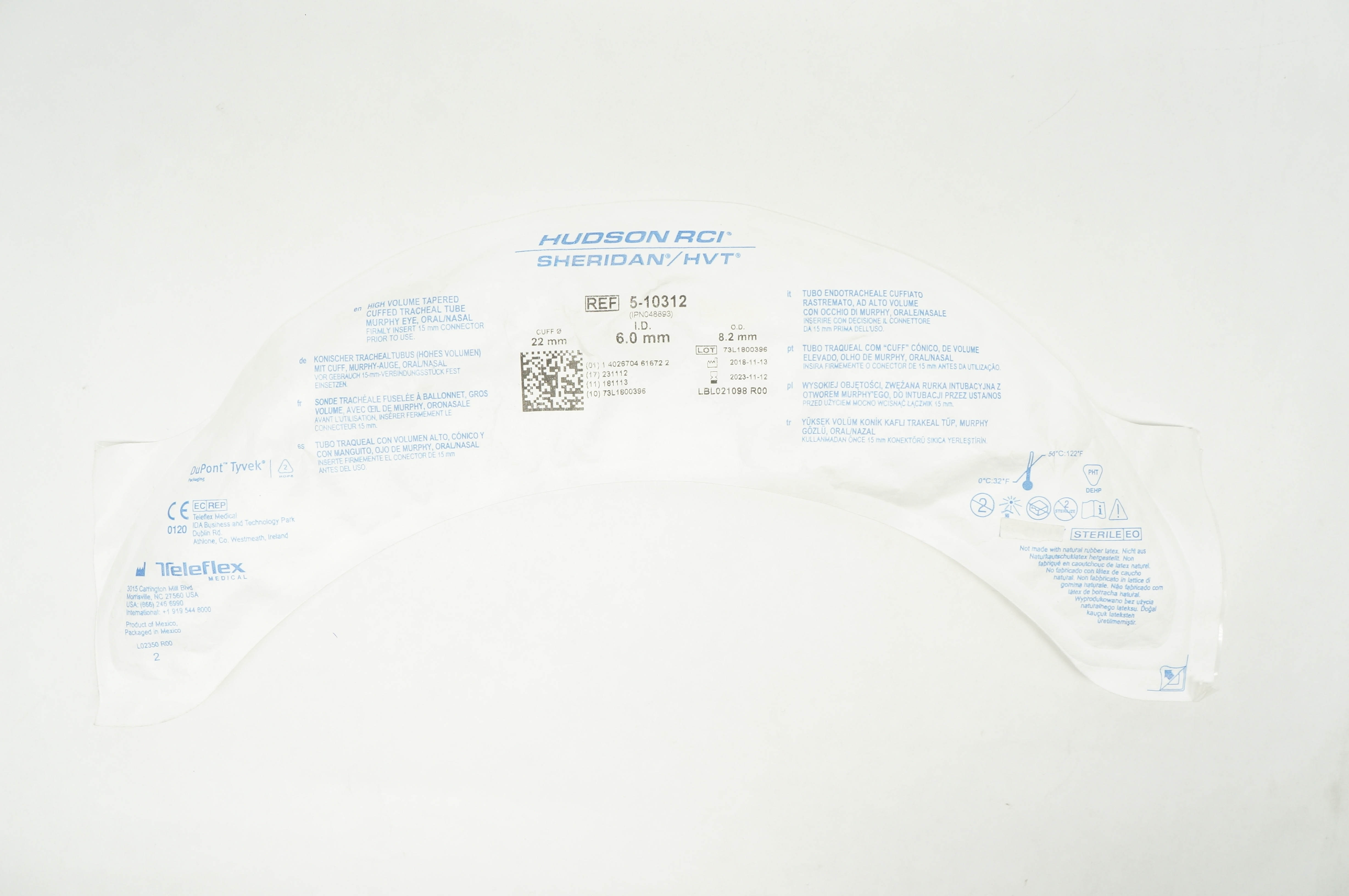 Teleflex 5-10312 Hudson RCI Sheridan HVT Tracheal Tube 6mm x 8.2mm x 22mm