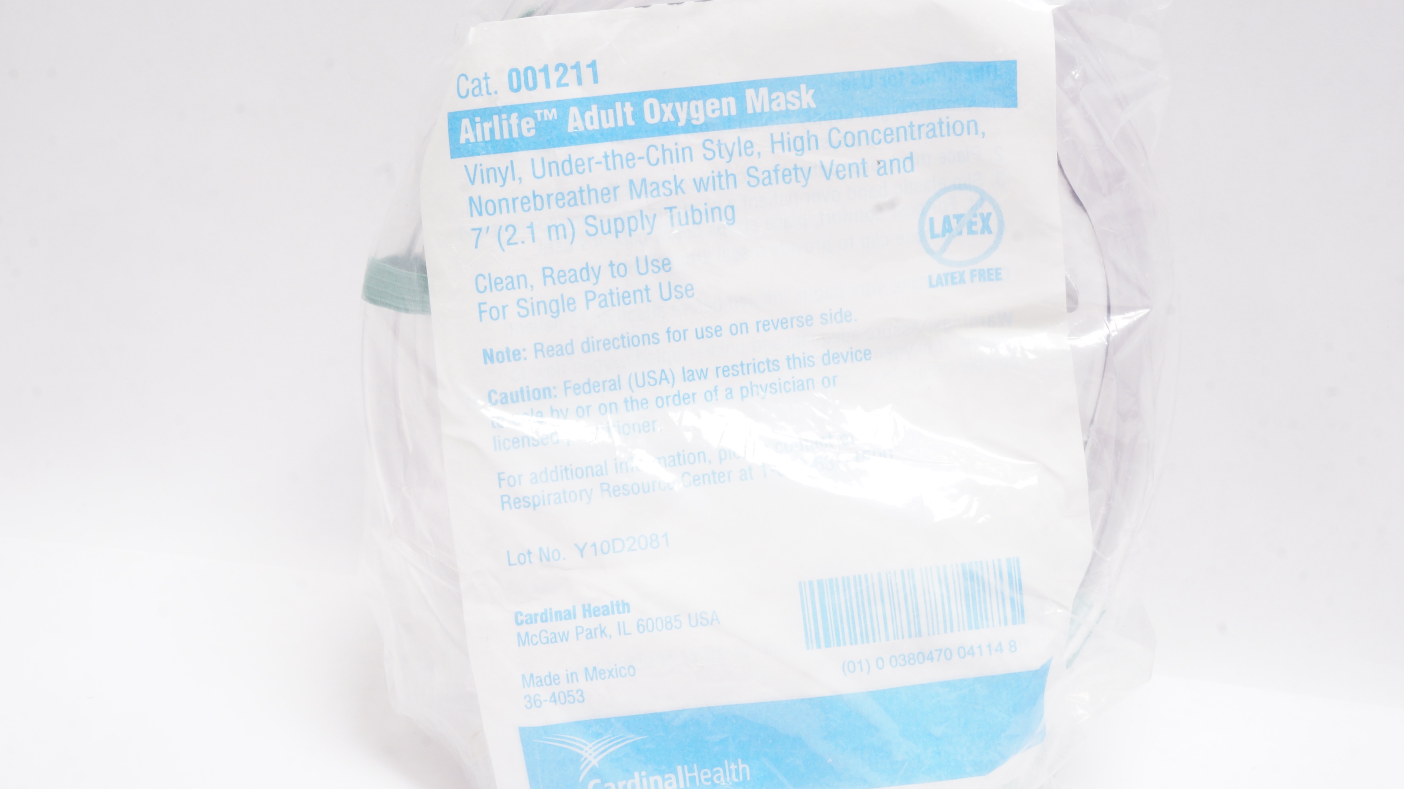 Cardinal Health 001211 AirLife Adult Oxygen Mask with Safety Vent & 7ft. Tubing