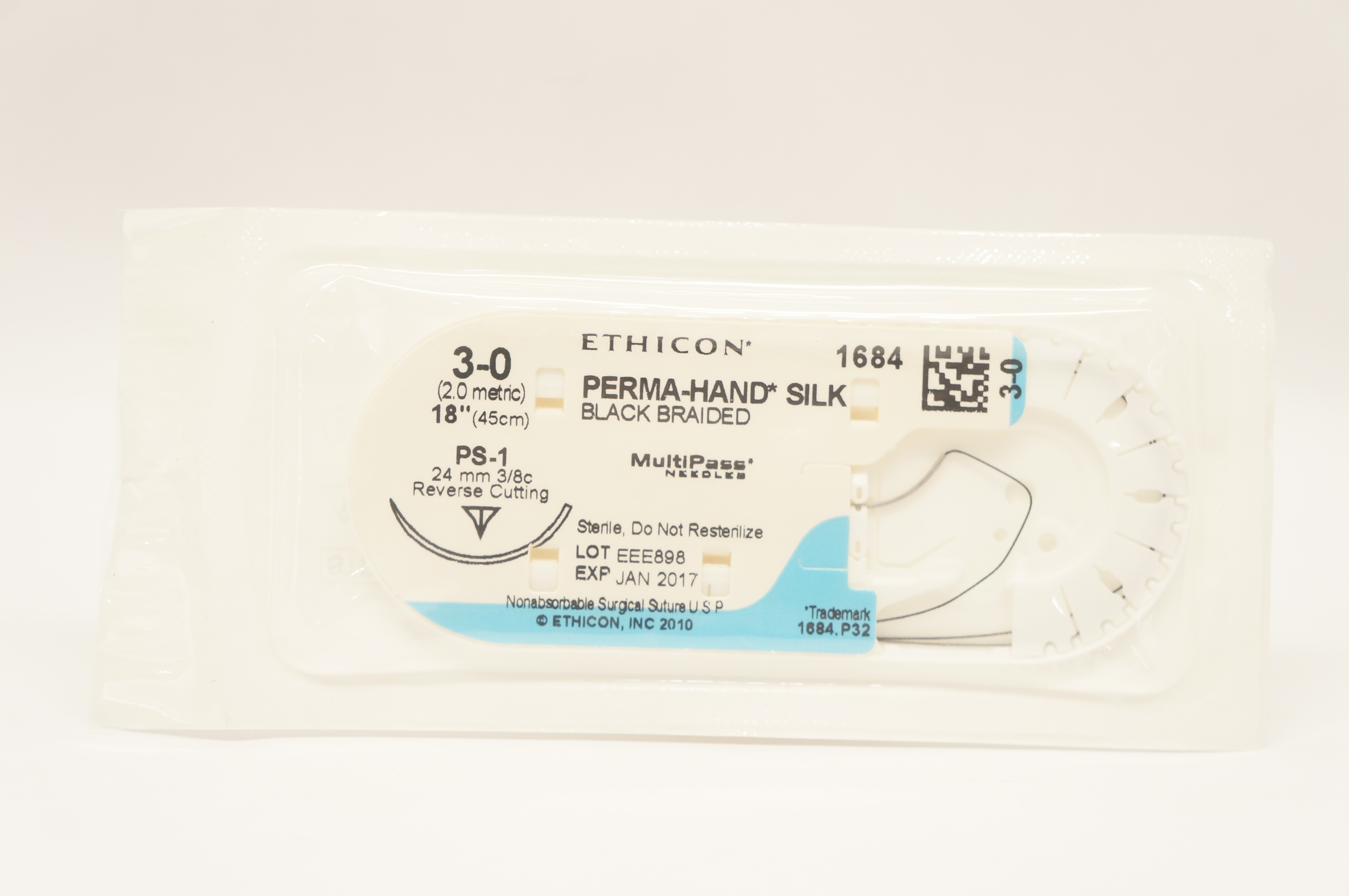 Ethicon 1684 3-0 PERMA-HAND SILK, PS-1, 24mm 3/8c Reverse Cutting, 18inch (x)