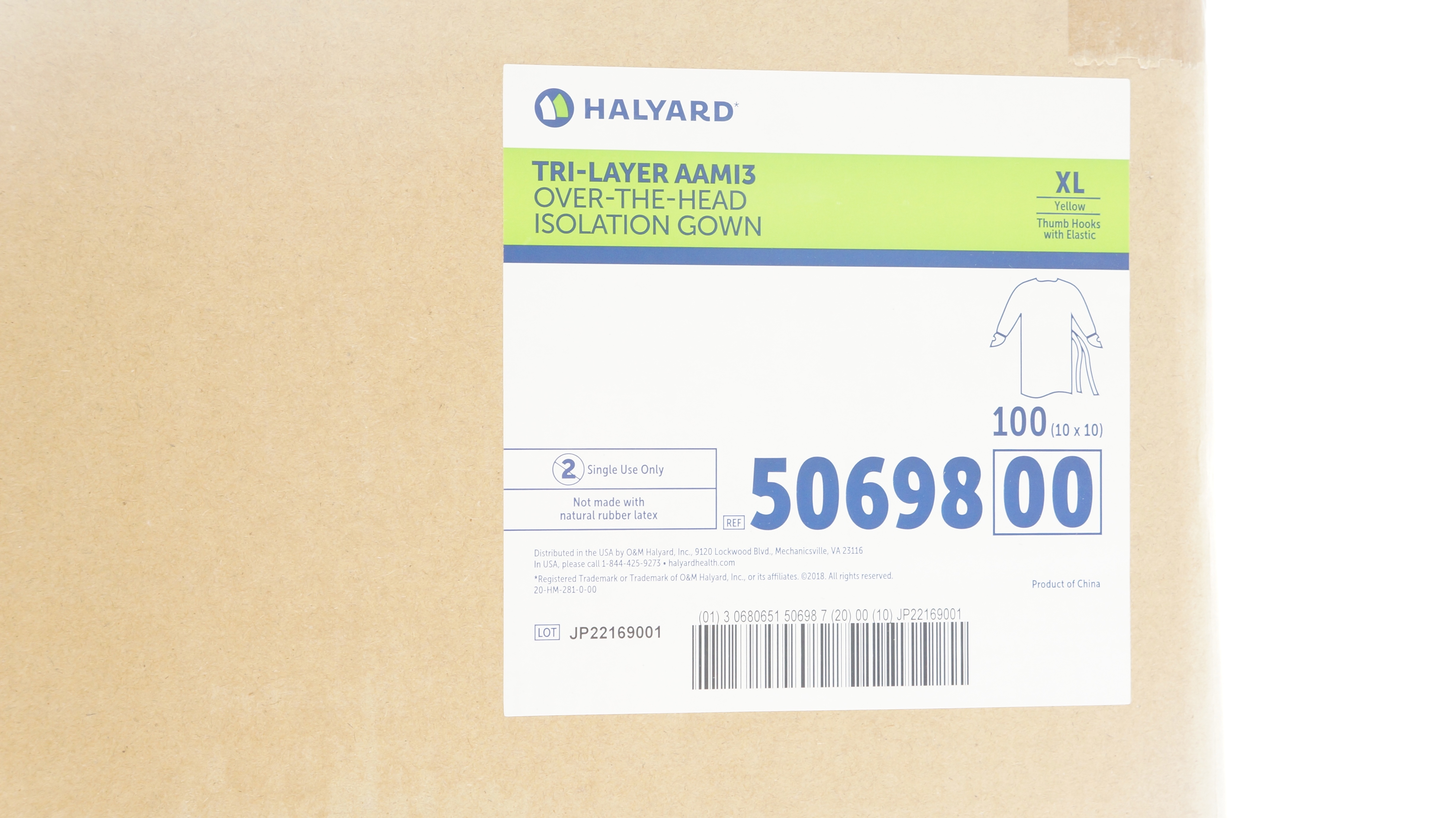 Halyard 50698 Tri-Layer AAMI3 Over-The-Head Isolation Gown - Box of 100