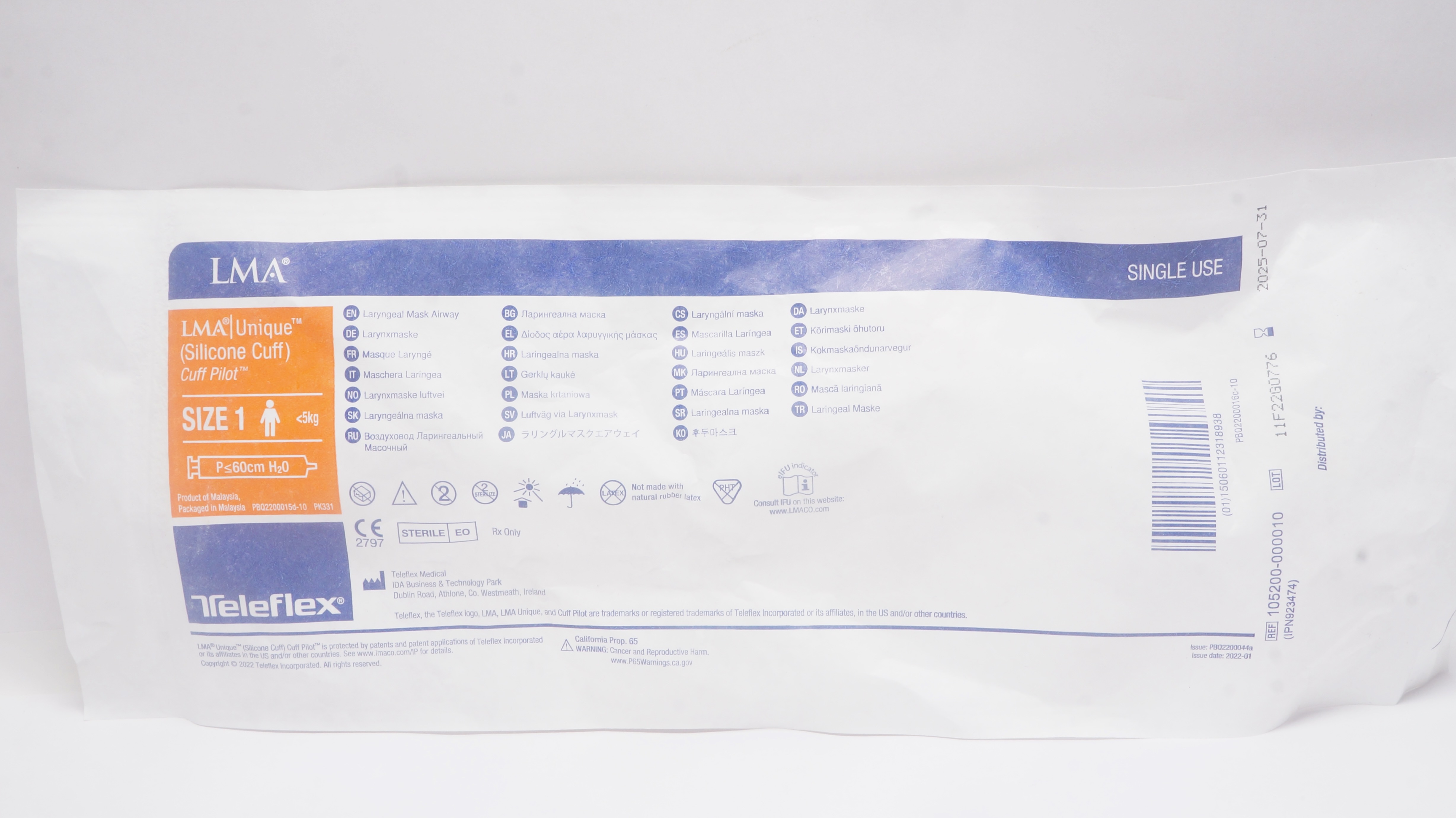 Teleflex 105200-000010 LMA Unique Cuff Pilot Laryngeal Mask Airway, Size 1, <5kg