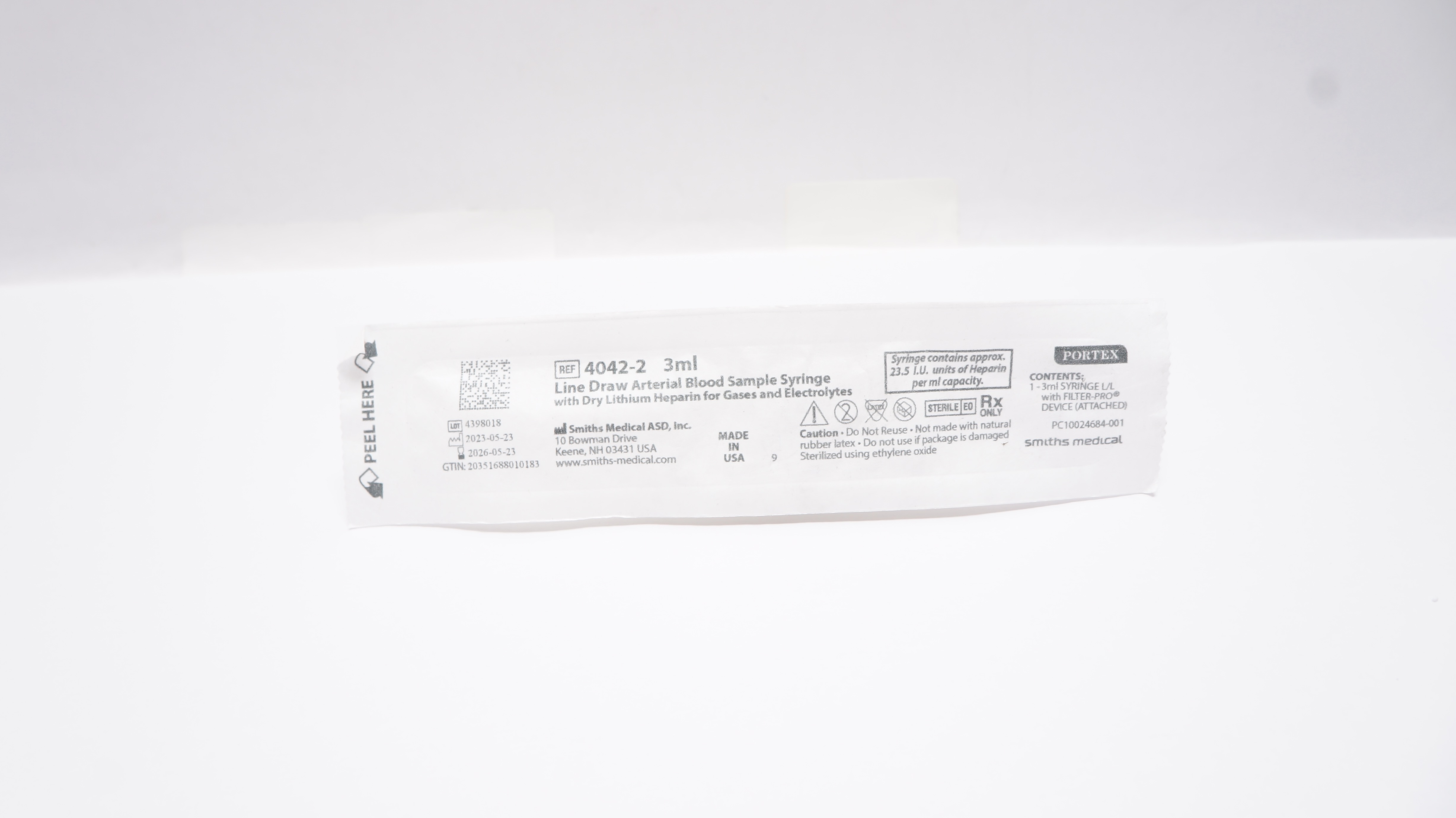 Smiths Medical 4042-2 Portex Line Draw Arterial Blood Sample Syringe, 3ml