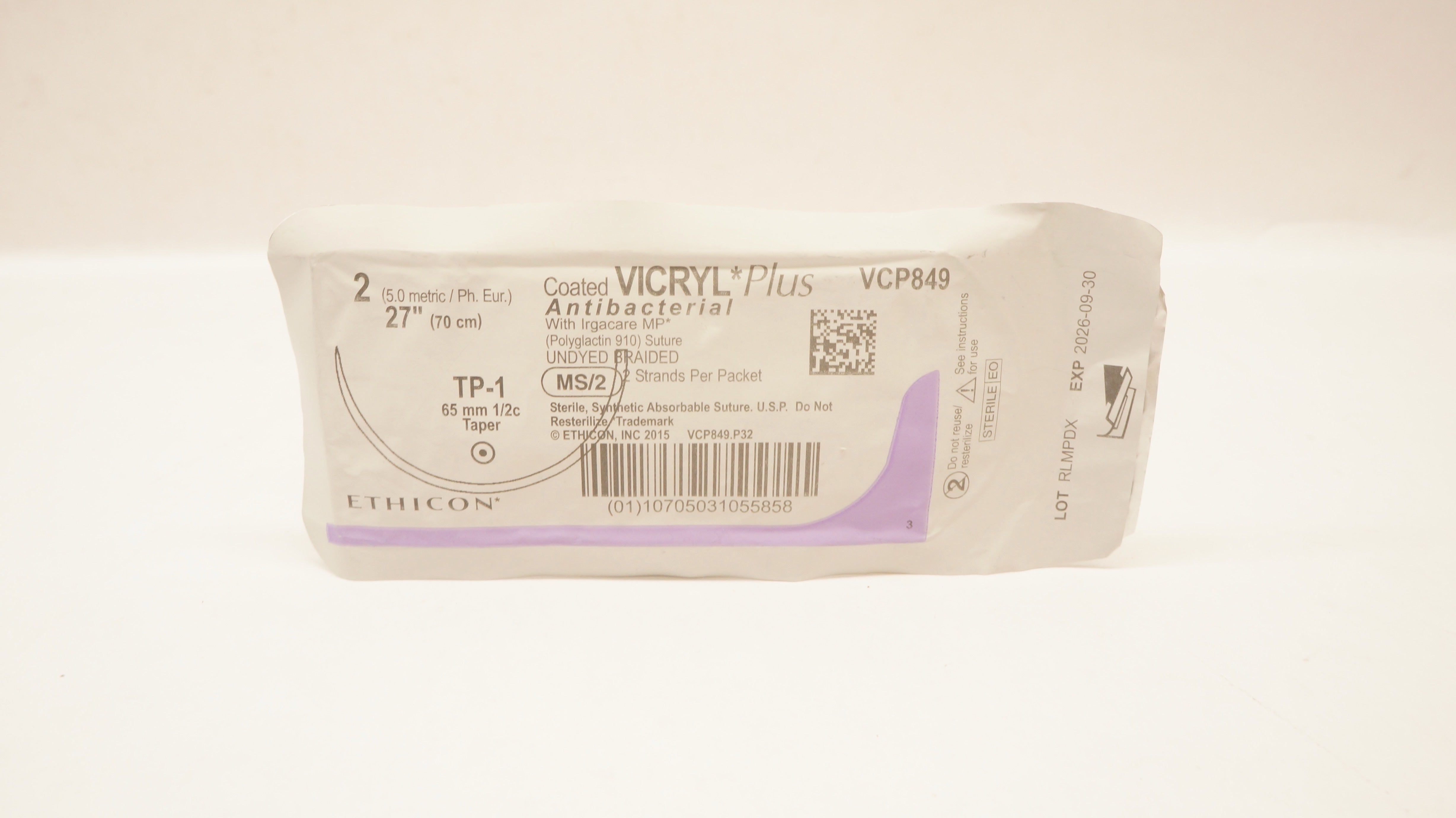 Ethicon VCP849 2 COATED VICRYL PLUS UNDYED 27inch TP-1 65mm 1/2c Taper