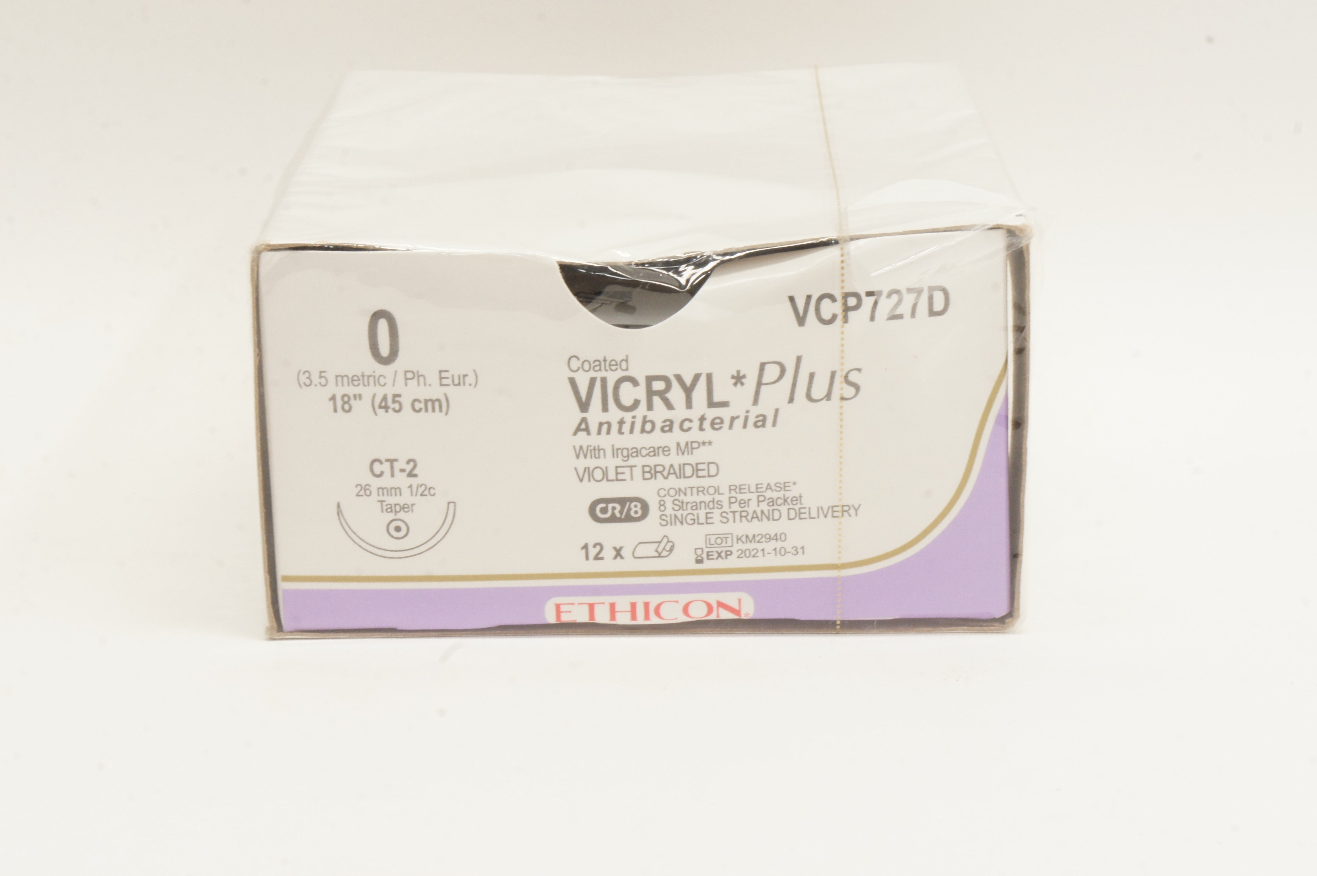 Ethicon VCP727D 0 Coated VICRYL Plus CT-2 26mm 1/2c Taper, 18inch - Box of 12